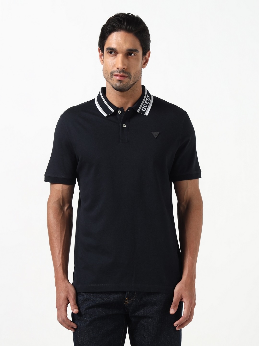 Guess Men Lyle Dark Blue Solid Polo Neck Knit Slim Fit T-Shirt