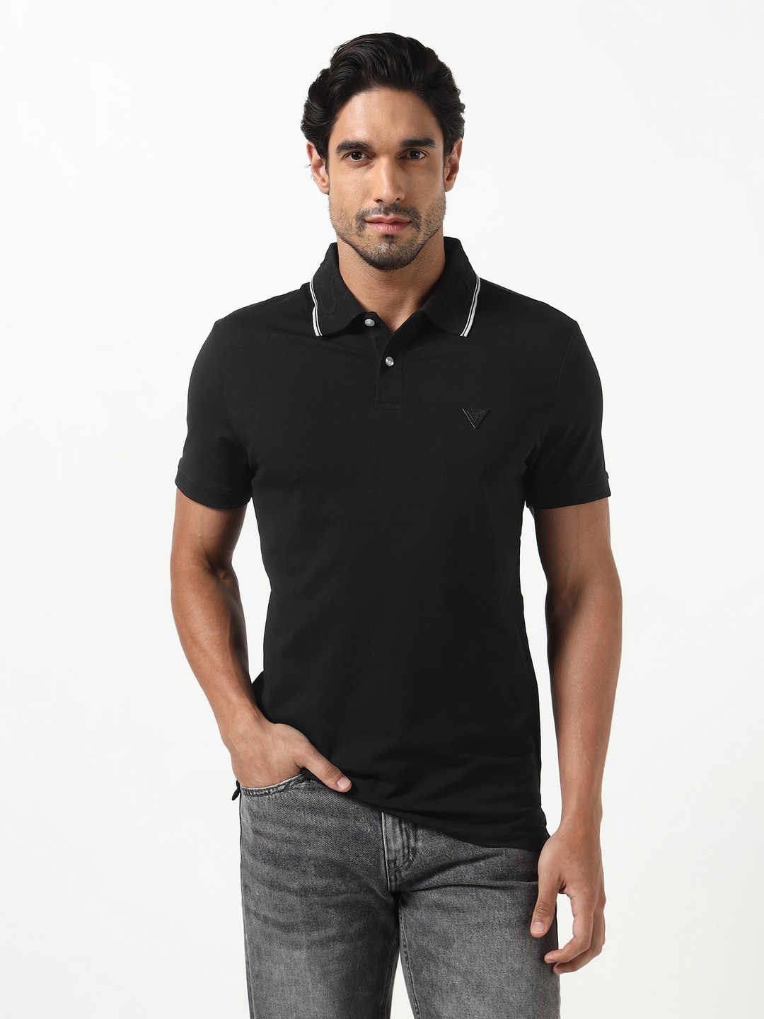Guess Men Nolan Black Solid Polo Neck Knit Slim Fit T-Shirt