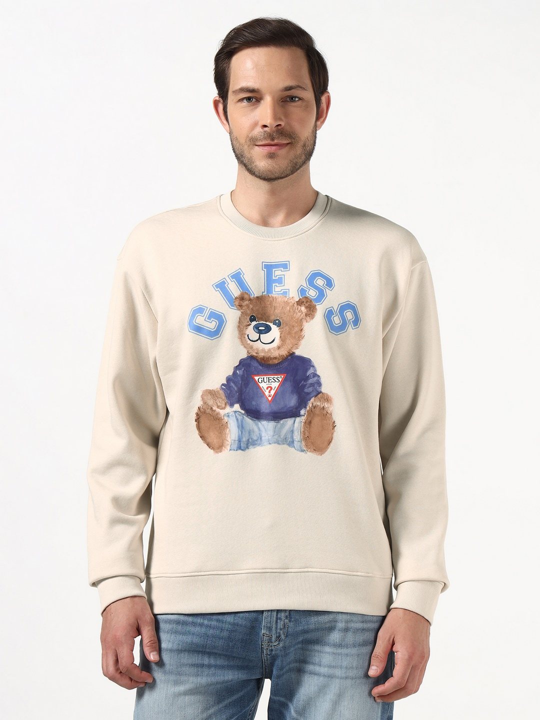 Guess Regular Fit Round Neck Teddy Logo Pullover Sweatshirt