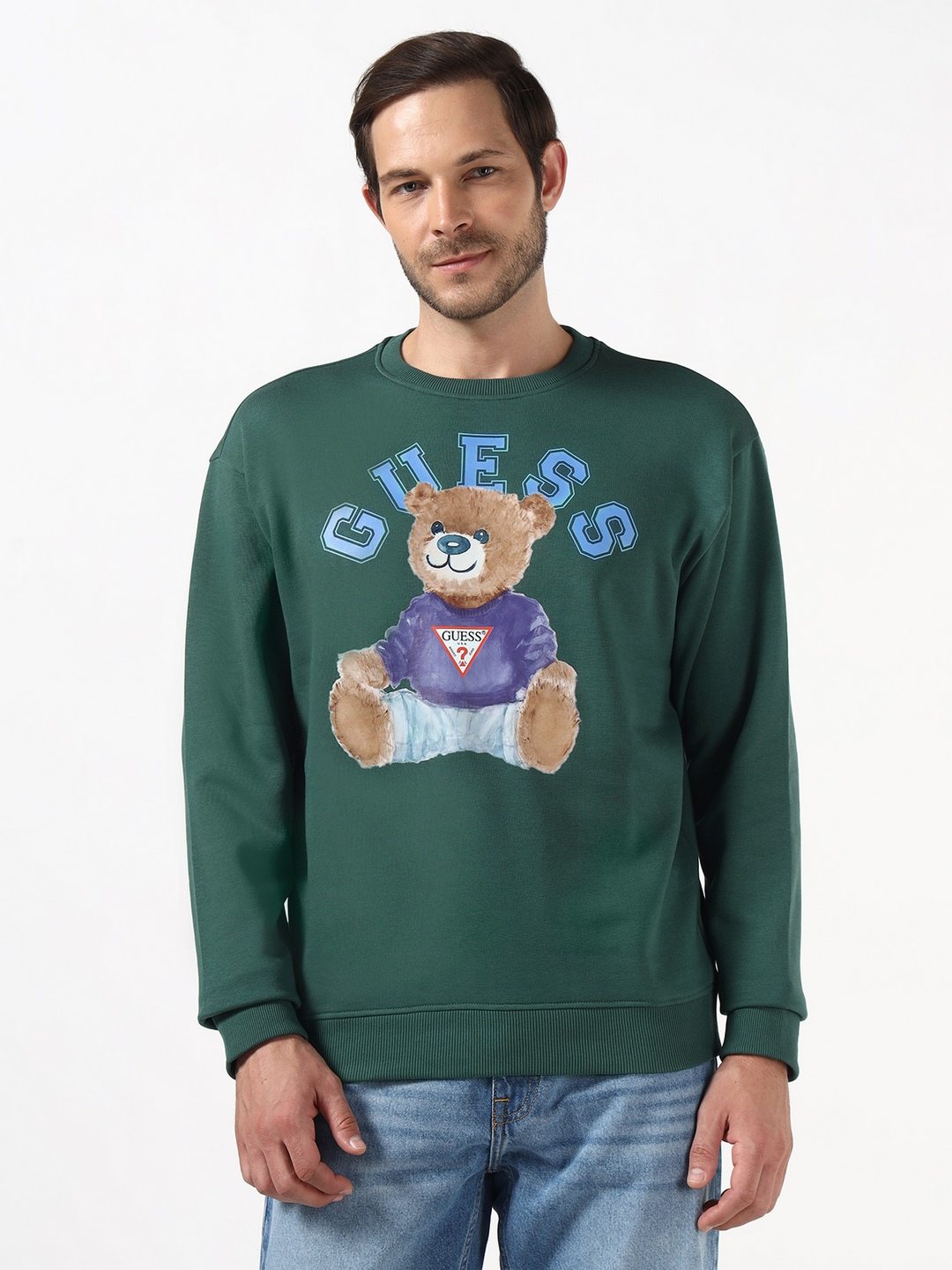 Guess Regular Fit Round Neck Teddy Logo Pullover Sweatshirt