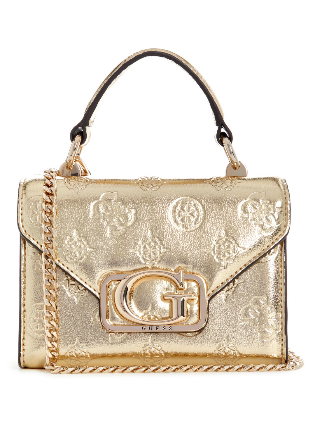 Guess Gold Logo Textured Zalina Mini Top Handle Flap Shoulder Bag