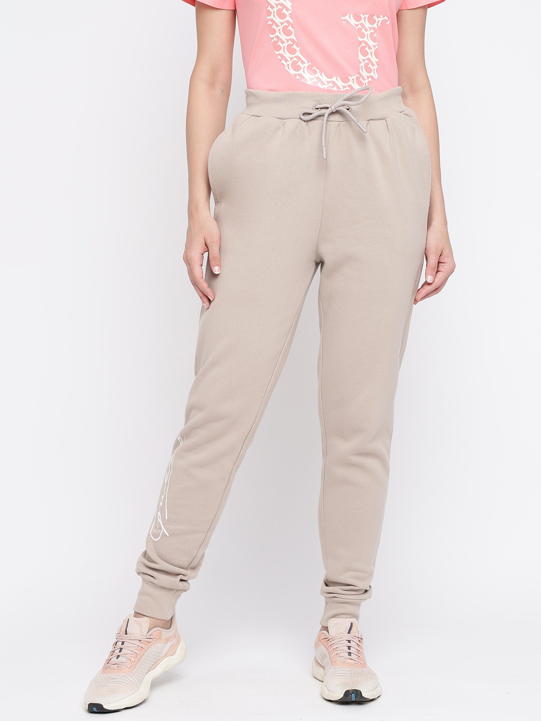 Beige Solid Joggers With Drawstring Closure
