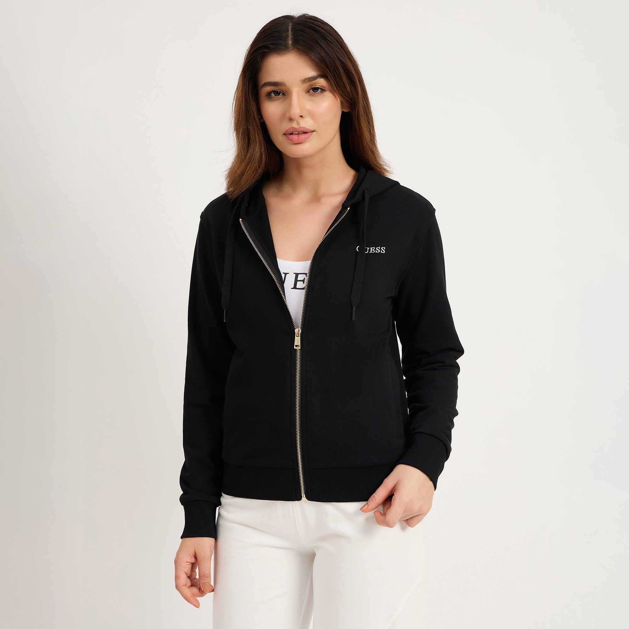 Guess Women Solid Hooded Neck Full Sleeve Sweatshirt