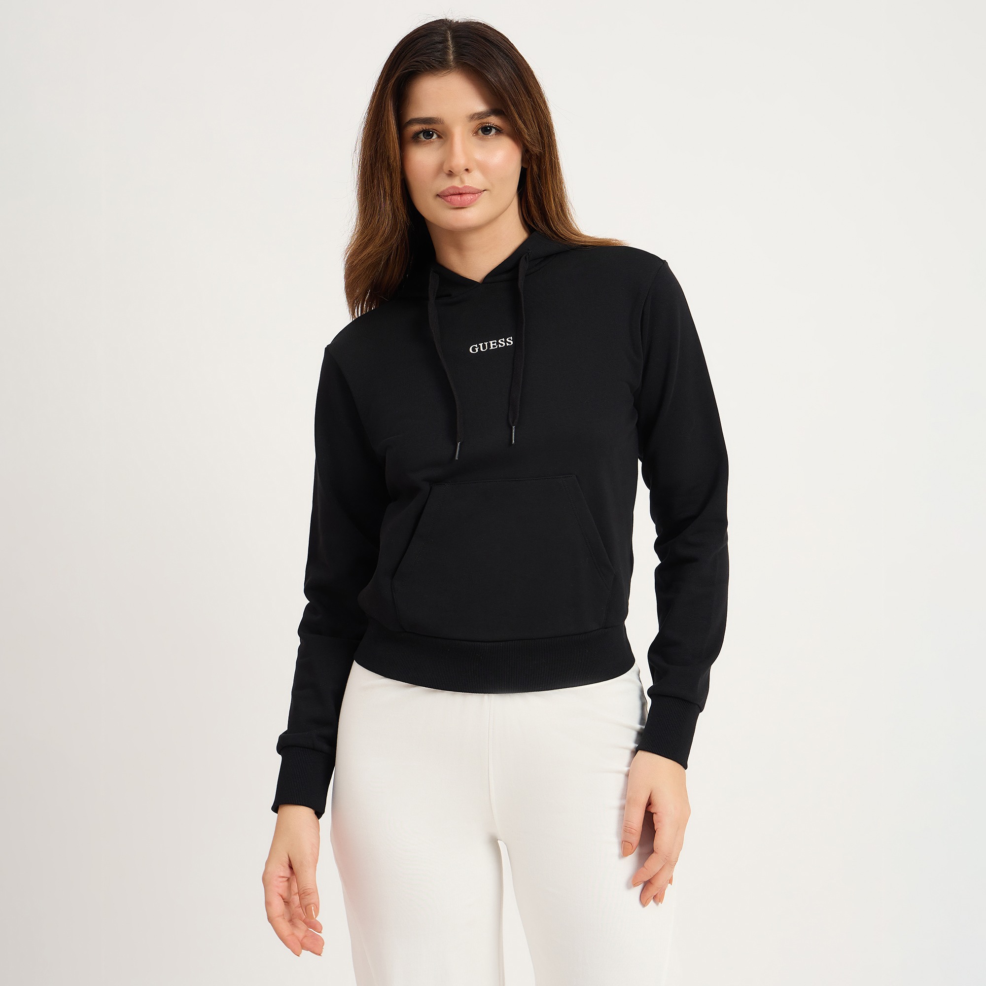 Guess Women Solid Hooded Neck Full Sleeve Sweatshirt