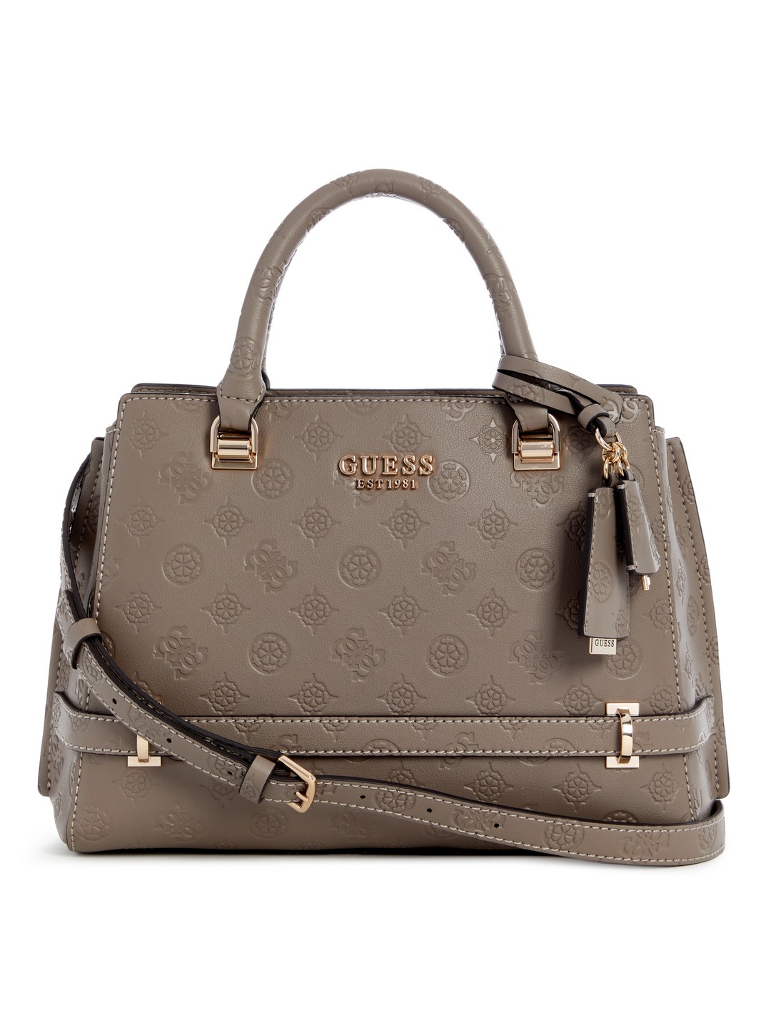 Guess Dark Taupe Logo Textured Zarela Luxury Satchel Bag