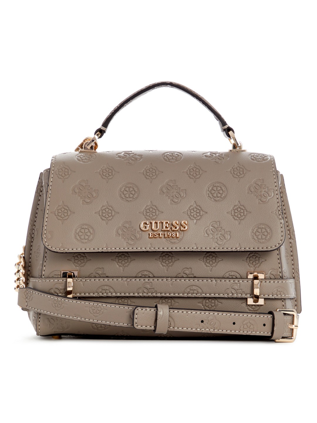 Guess Dark Taupe Logo Textured Zarela Top Handle Shoulder Bag