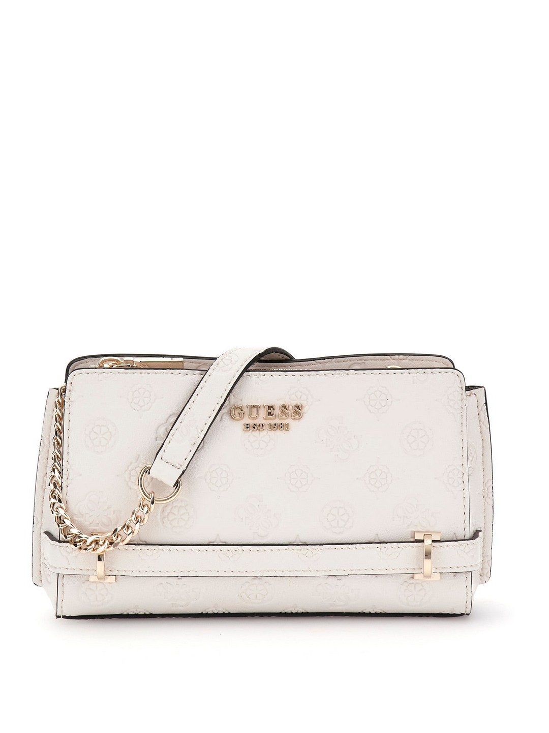 Guess Off White Logo Textured Zarela Mini Top Zip Crossbody Bag