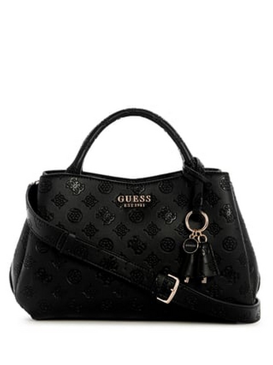 Guess Women Black Geometric Adjustable Detachable Strap Satchel Bag