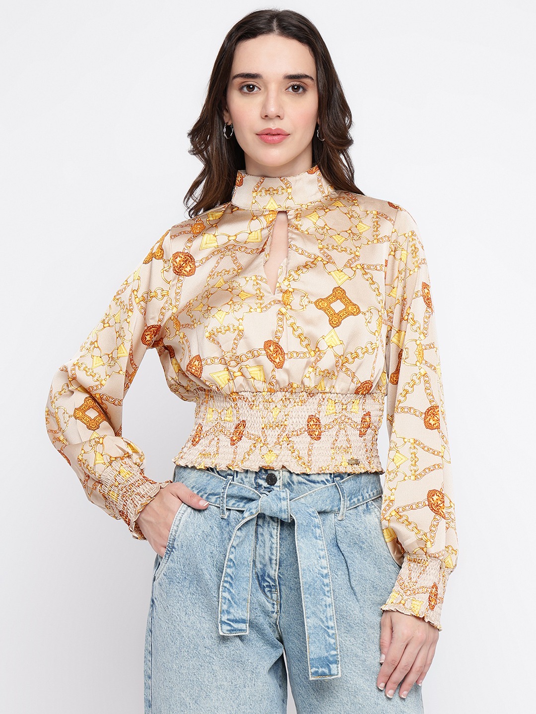 Beige Printed High Neck Full Sleeve Top