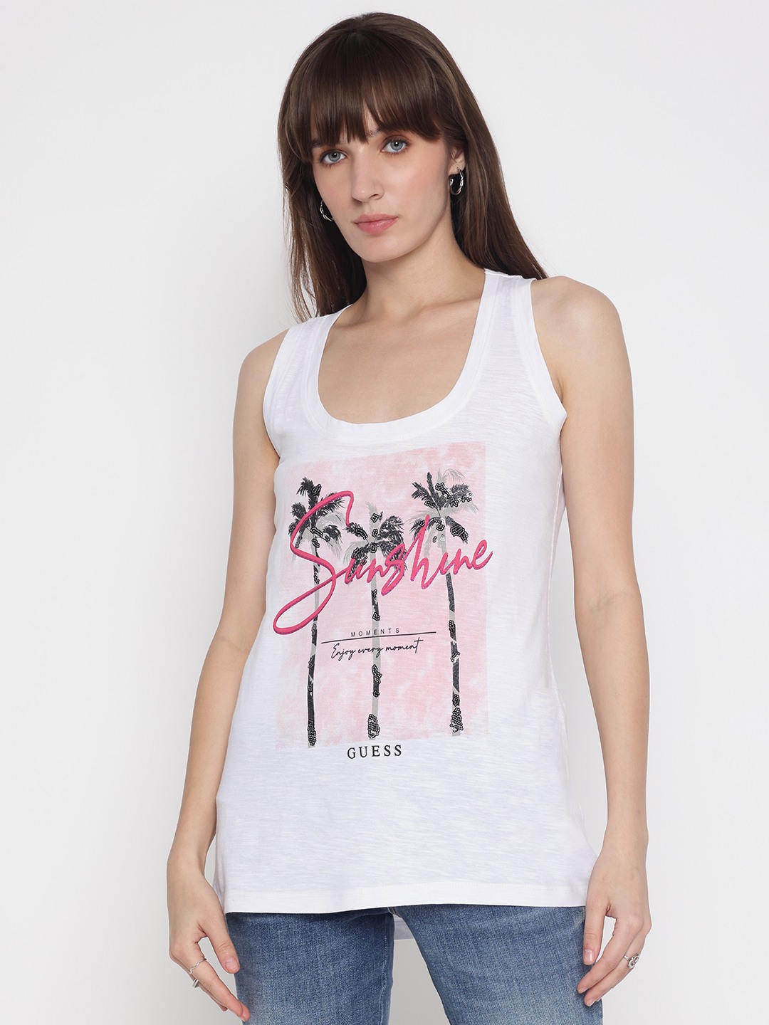 White Printed Scoop Neck Tank Top