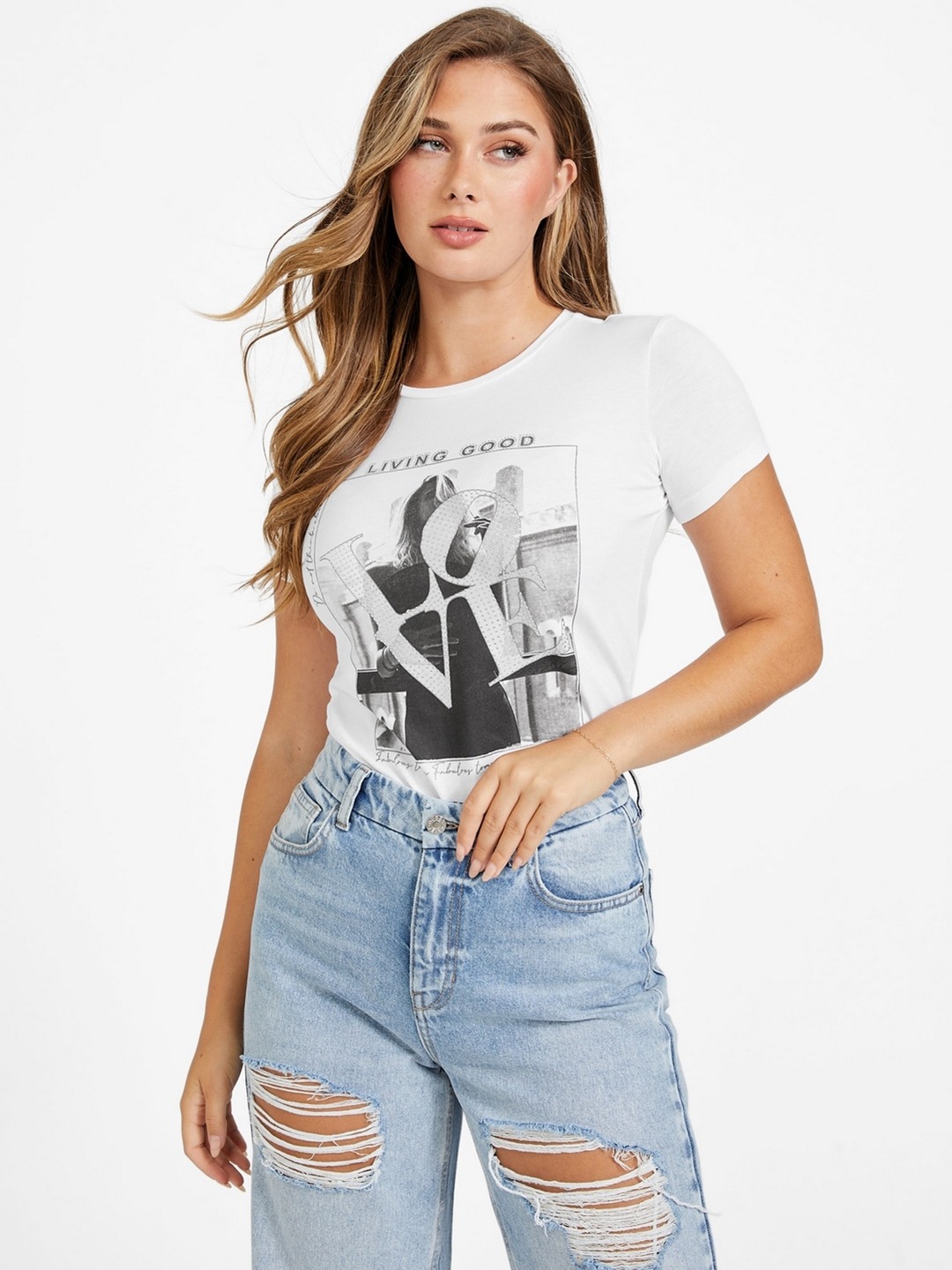 True White Printed Round Neck Short Sleeves T-Shirt