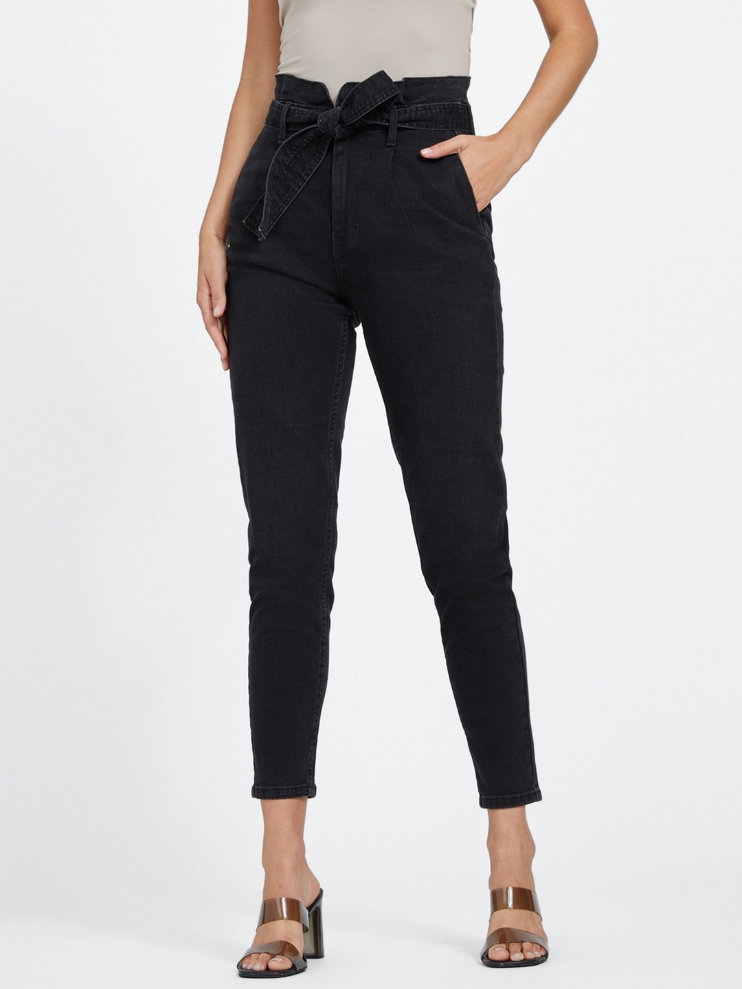 Cotton Blend Tapered High Rise Jeans