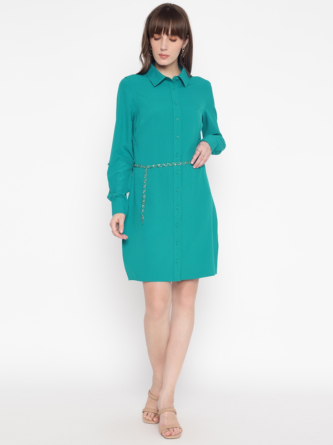 Teal Solid Shirt Collar Full Sleeve Shirt Dress