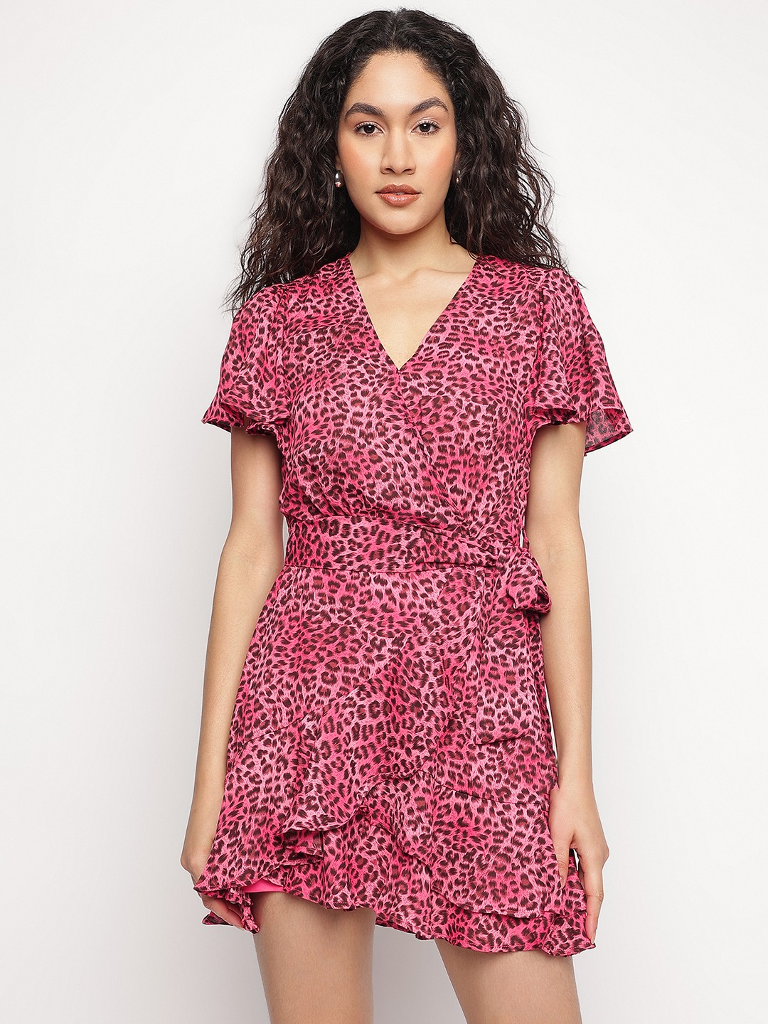 Pink Animal Print V-Neck A-Line Dress