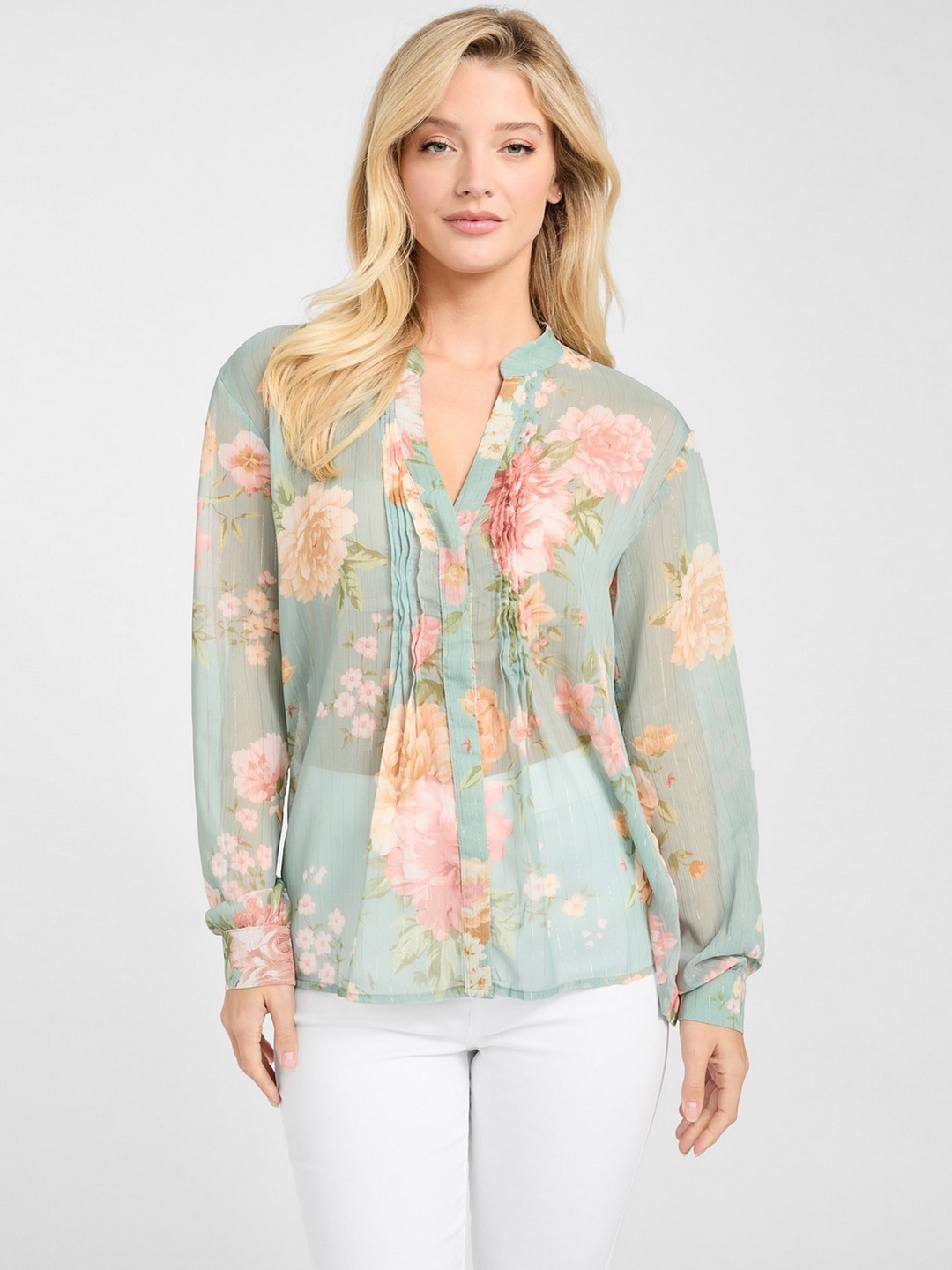 Guess Women Floral Mandarin Collar Long Sleeves Shirt Style Top