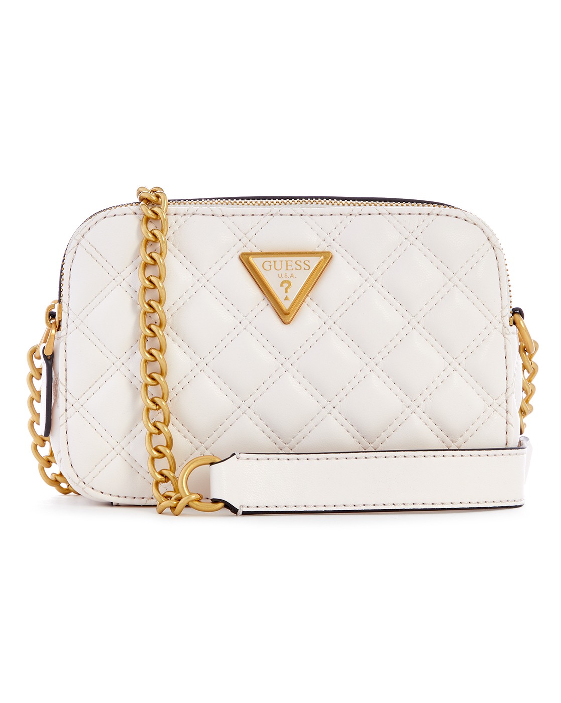 Ivory Polyurethane Quilted Crossbody Camera Bag
