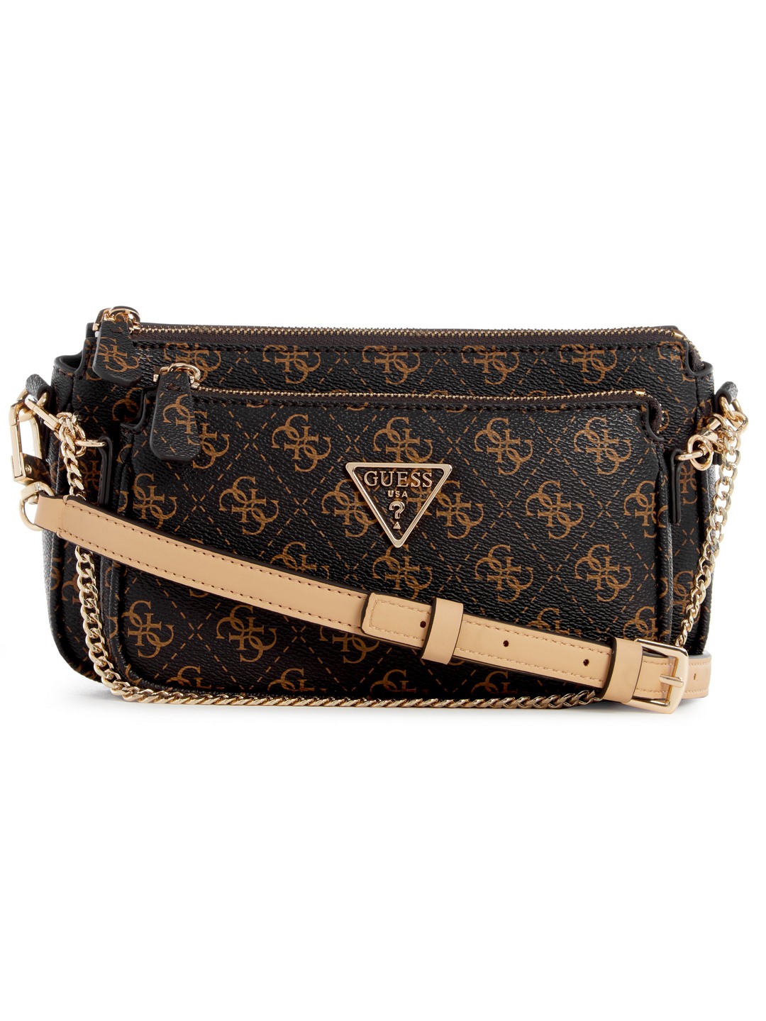 Guess Brown Logo Printed Noelle Pouch Crossbody Bag
