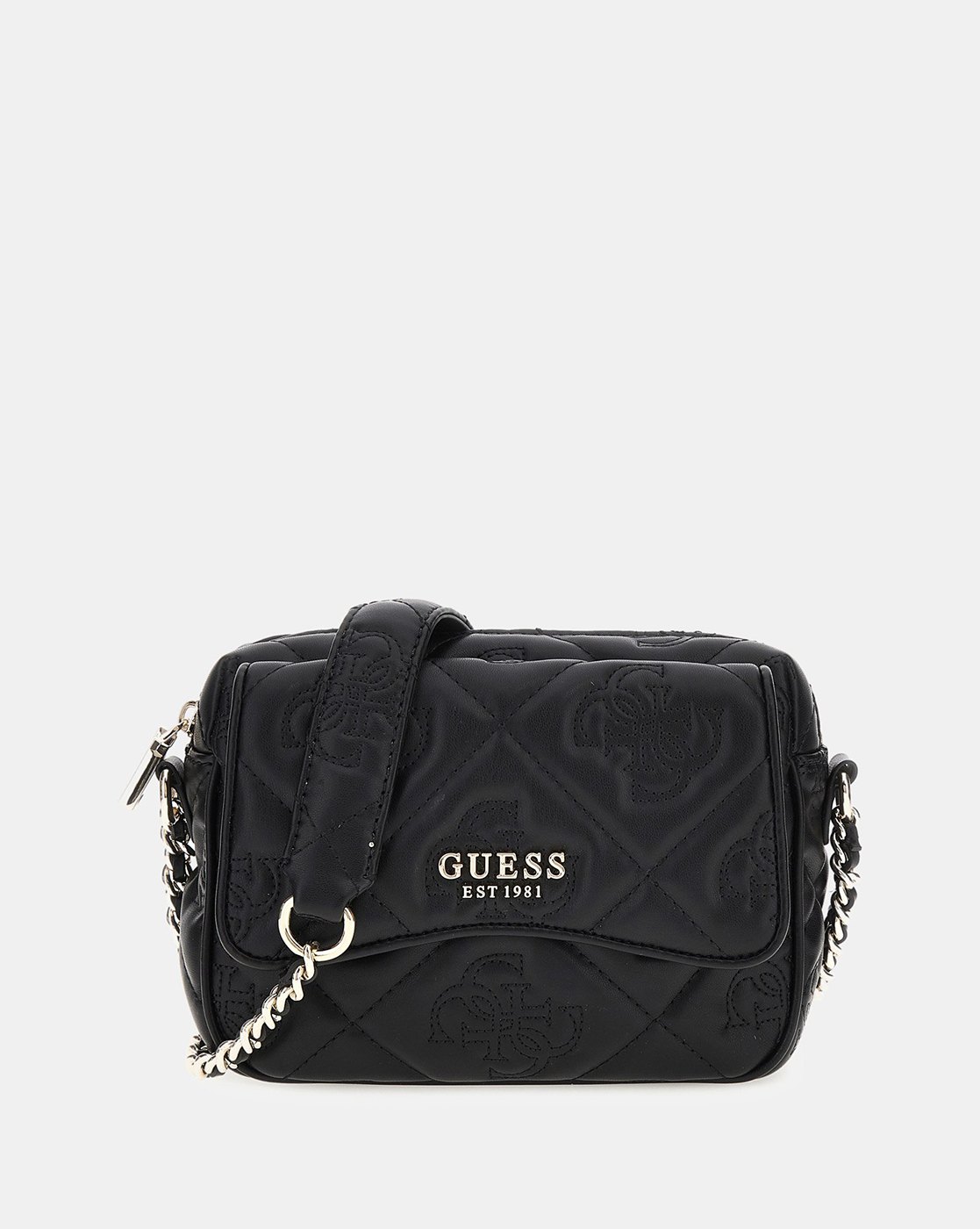 Black Polyurethane Quilted Crossbody Camera Bag