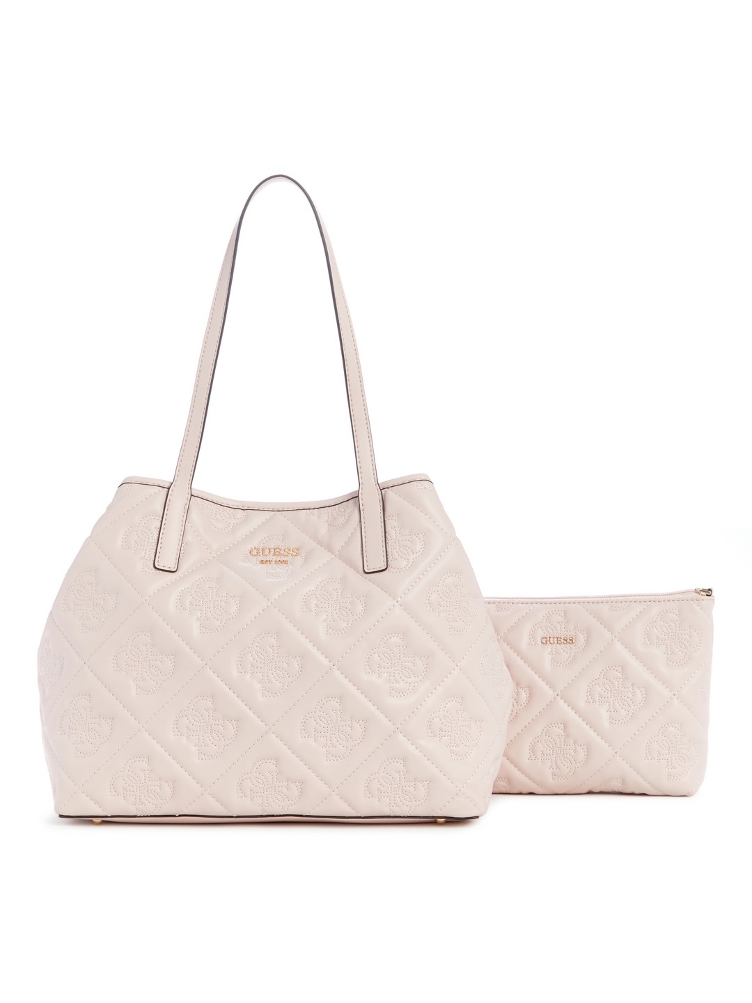 Guess Light Beige Logo Textured Vikky Tote Bag With Pouch