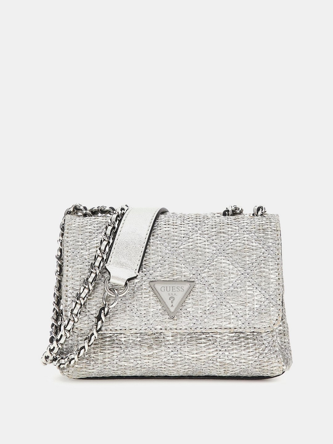 Guess Silver Quilted Giully Mini 2 Comp Shoulder Bag