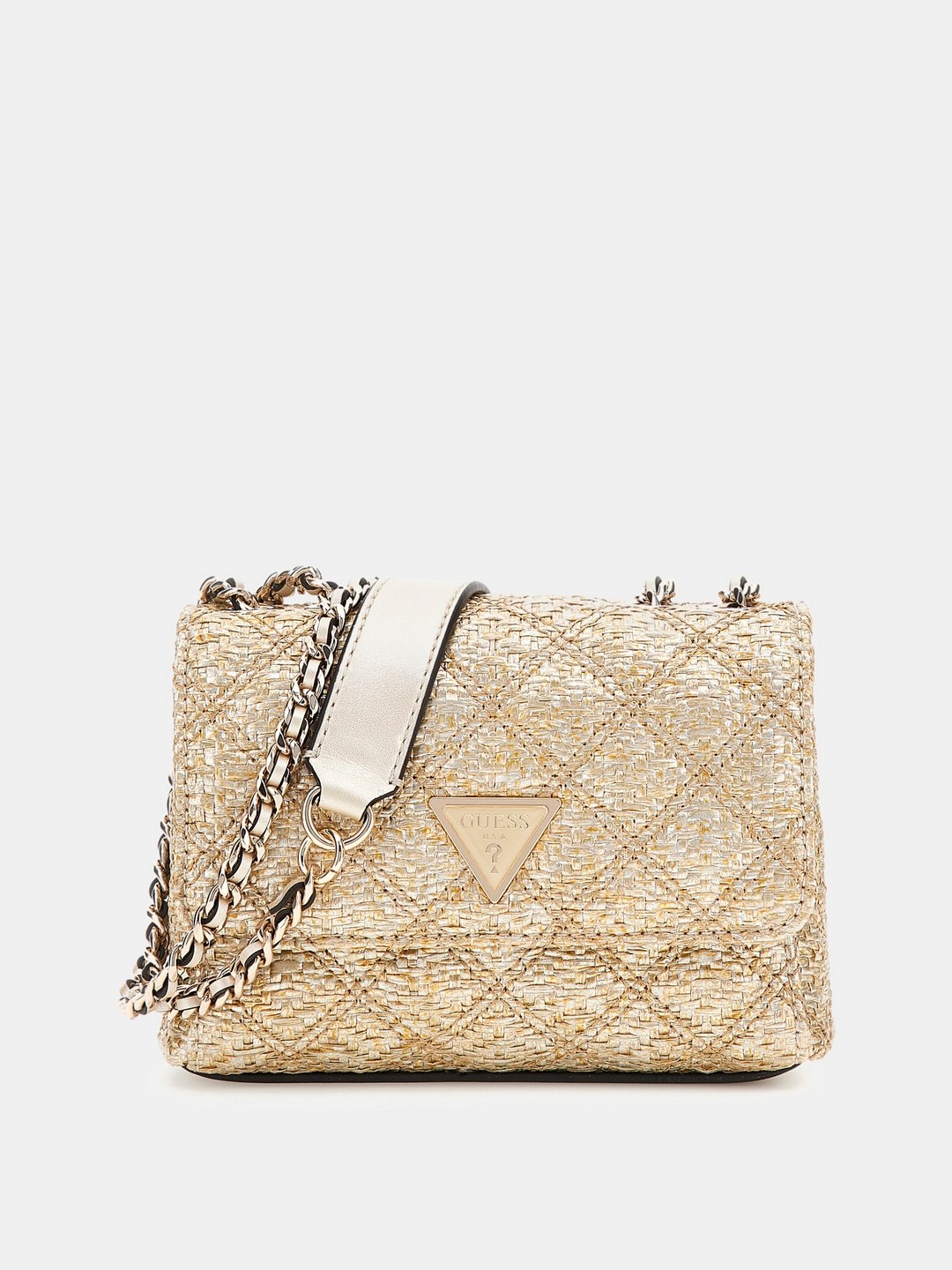 Guess Gold Quilted Giully Mini 2 Comp Shoulder Bag