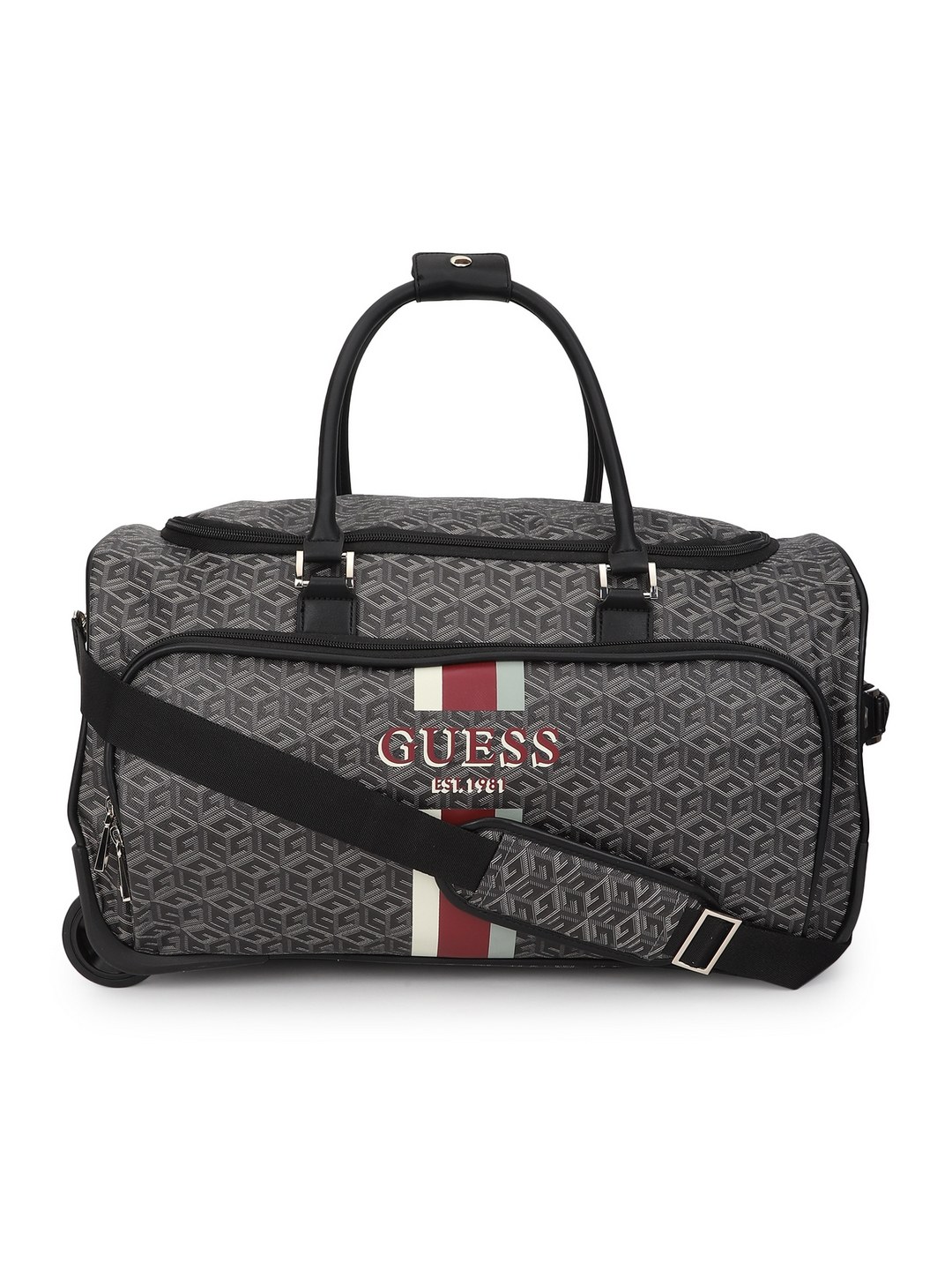 Guess Polyurethane Charcoal Printed Women Wilder Wheeled Duffel Bag