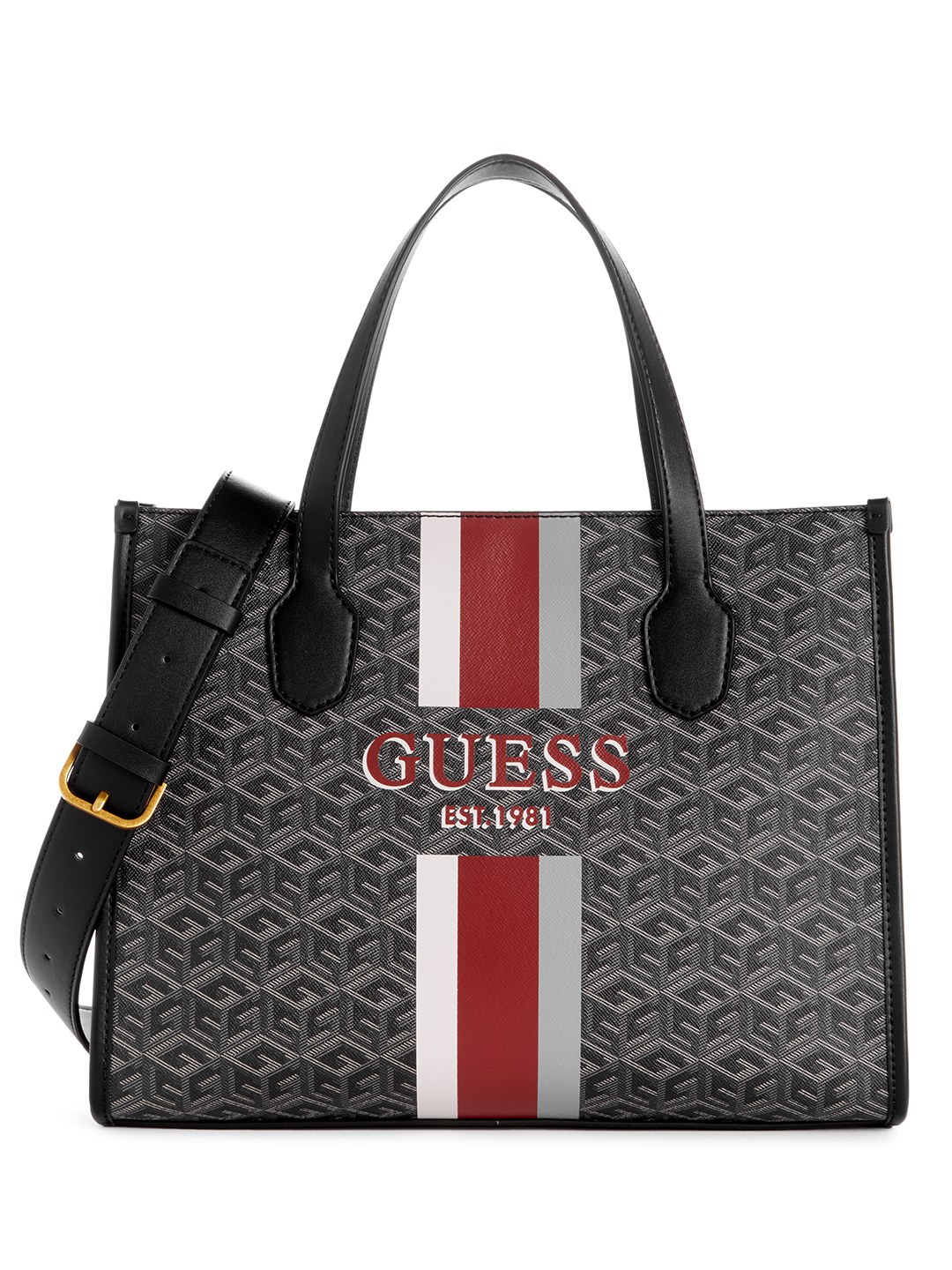 Guess Polyurethane Charcoal Printed Women Silvana Tote Bag