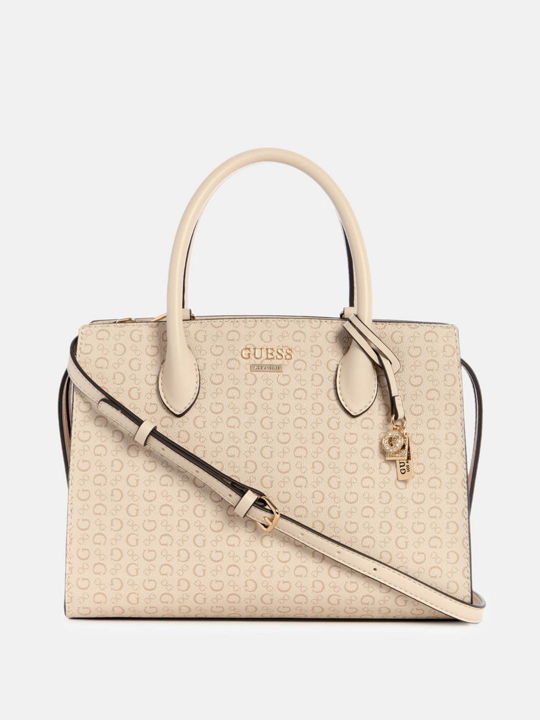 Guess Beige Printed Beryln Large Satchel Bag