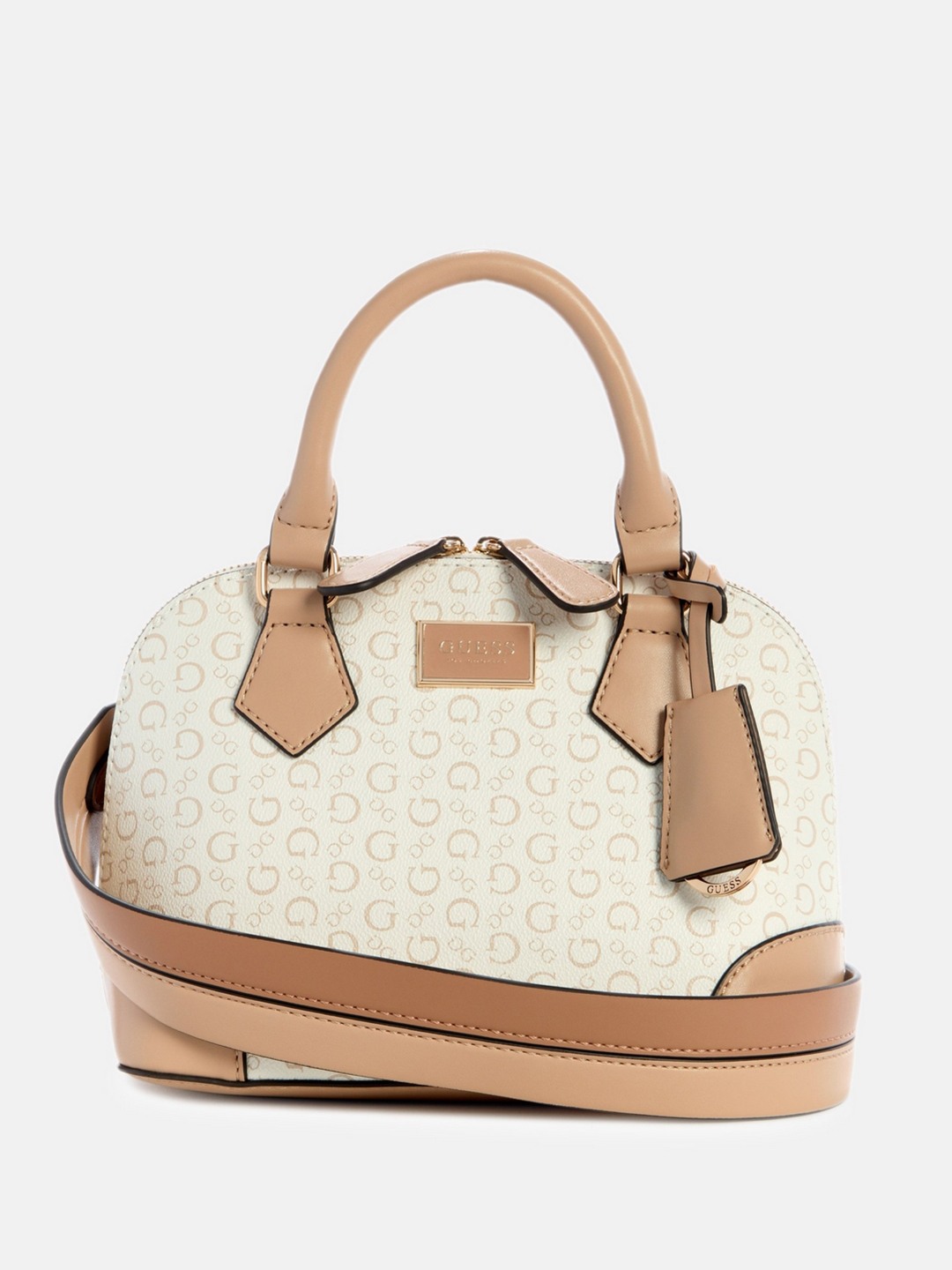 Guess White Monogram Balgaire Dome Satchel Bag