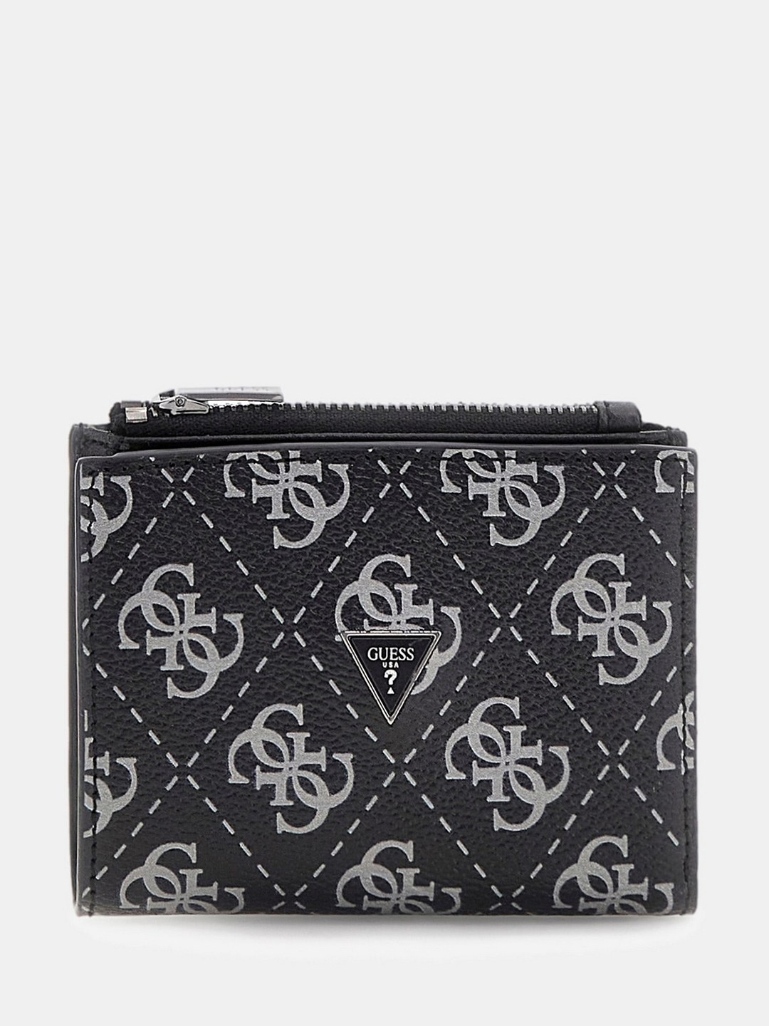 Guess Men Milano Top Zip Dark Black Snap Monogram Bi-Fold Wallet