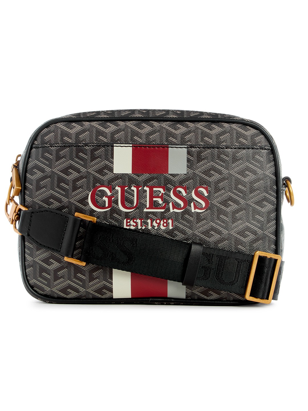 Guess Polyurethane Charcoal Printed Women Vikky Camera Bag
