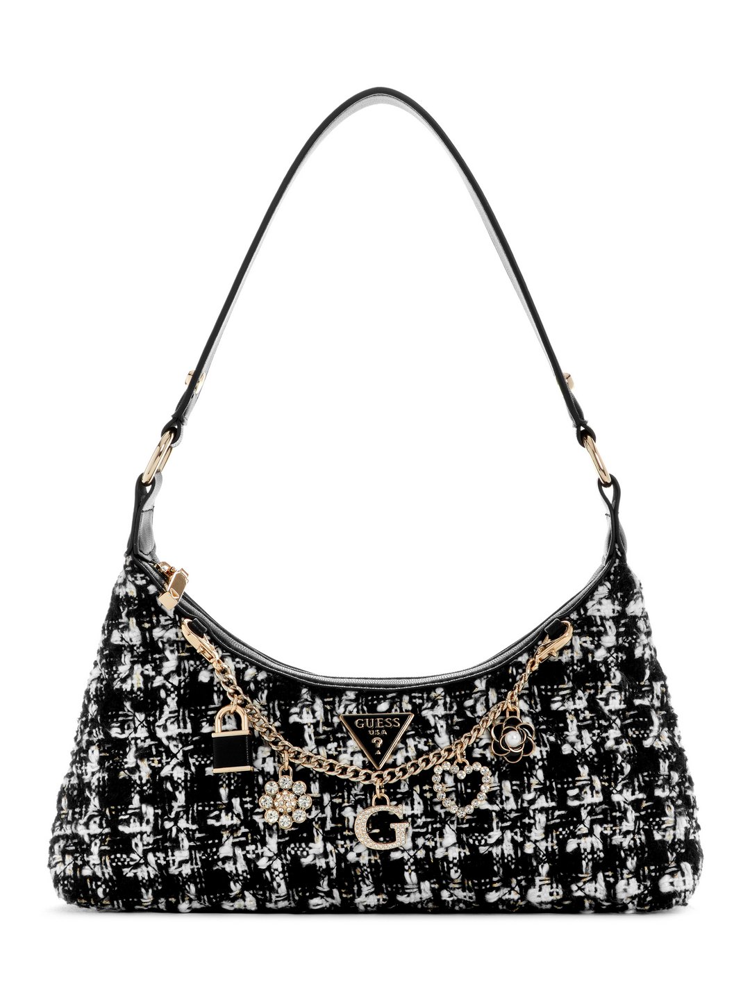 Guess Black Multi Tweed Check Everlee Top Zip Shoulder Bag