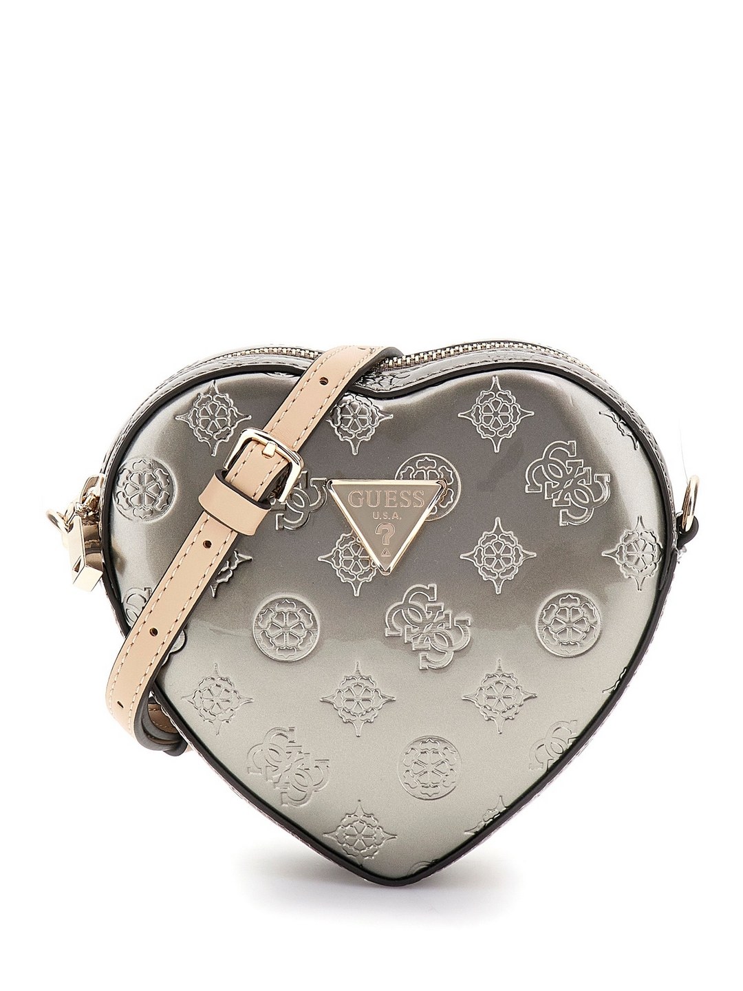 Guess Pewter Logo Textured Arnela Mini Heart Shape Crossbody Bag