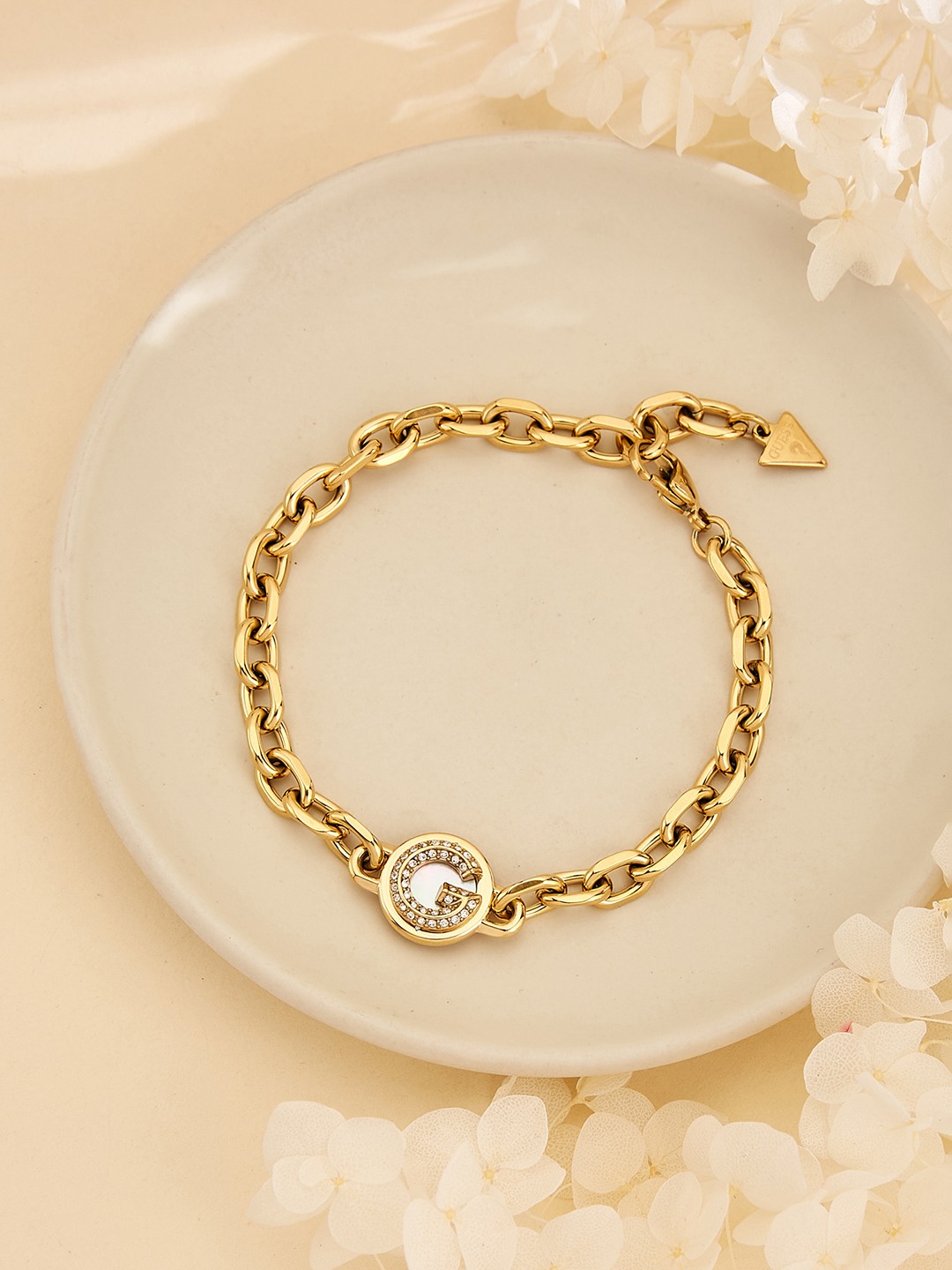 Guess Women G Crystal Gold Pleated Steel Bracelet