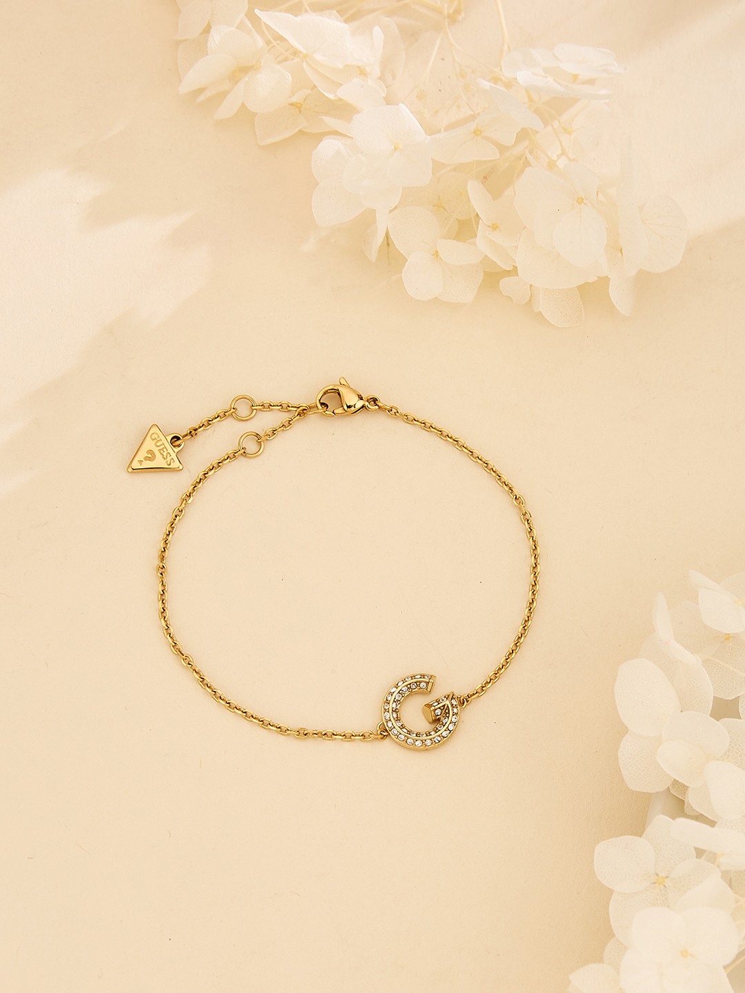 Guess Women G Crystal Gold Pleated Steel Bracelet