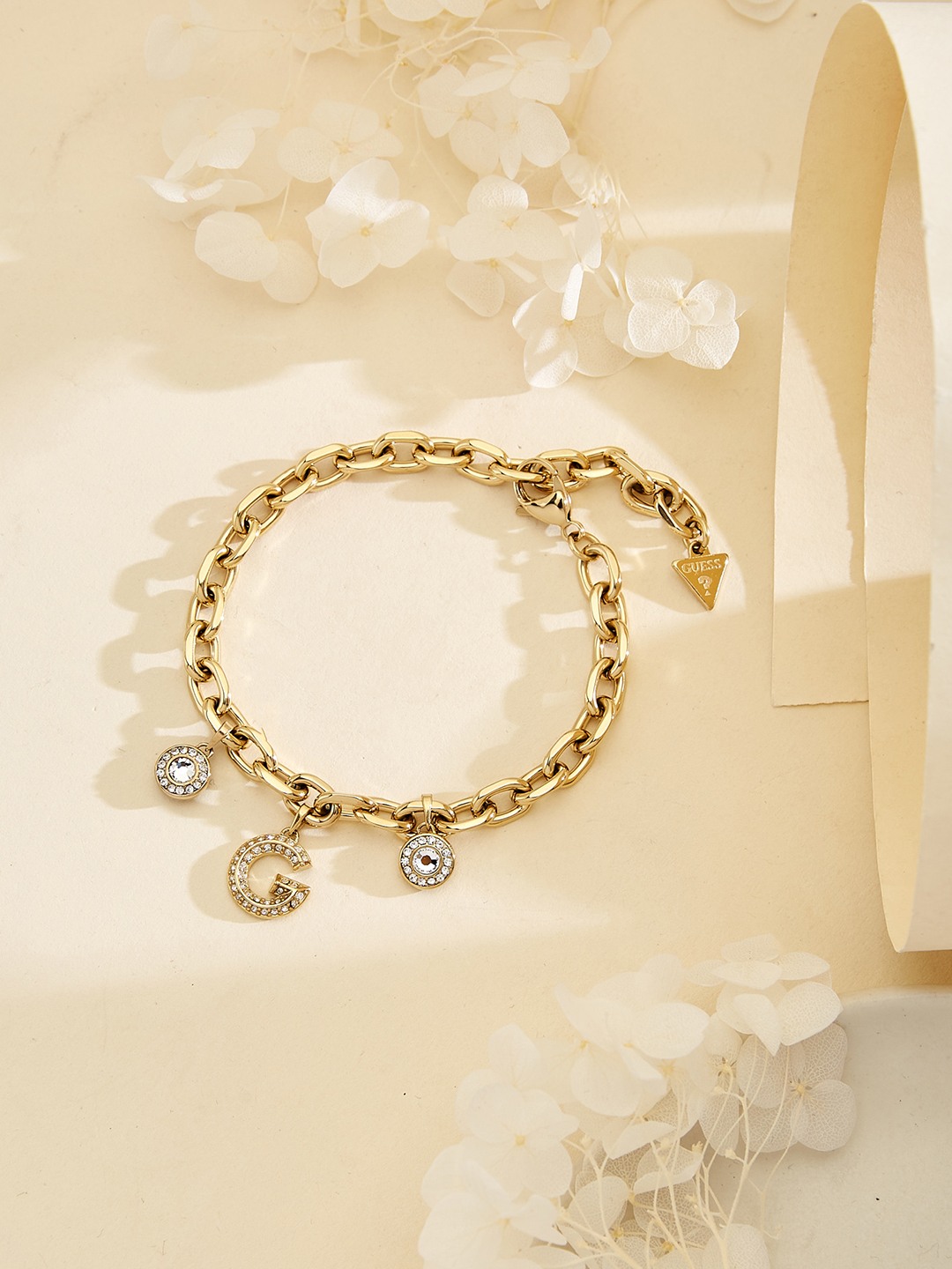 Guess Women G Crystal Gold Pleated Steel Bracelet