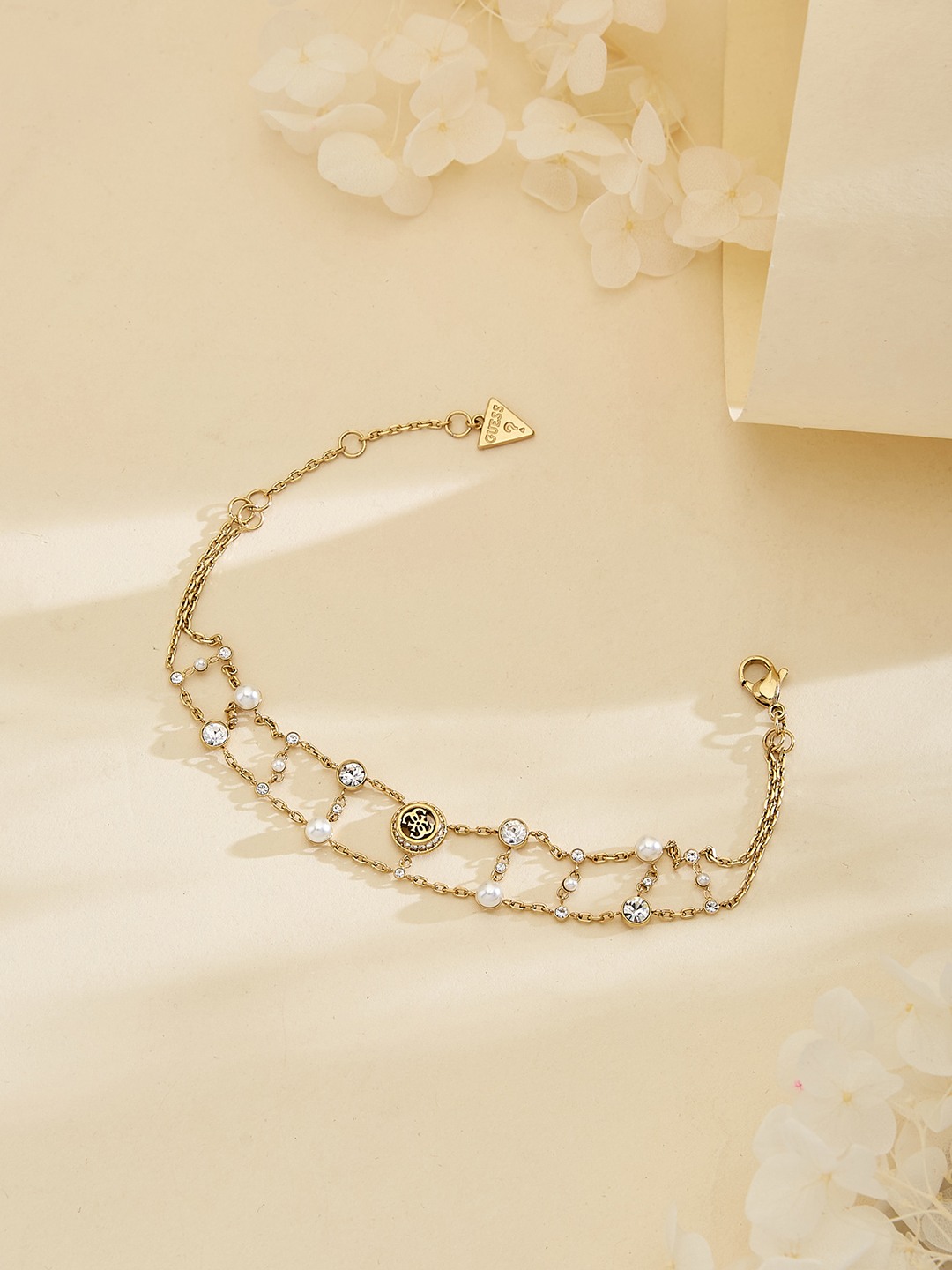 Guess Women Tiny Pearly Gold Pleated Steel Bracelet