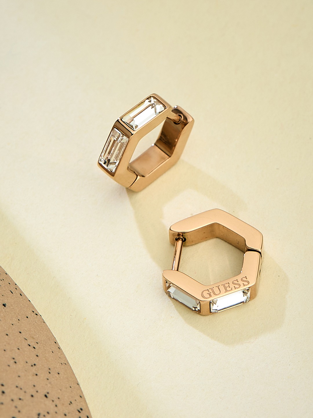 Guess Women Huggie Me Rose Gold Pleated Steel Half Hoop Earrings