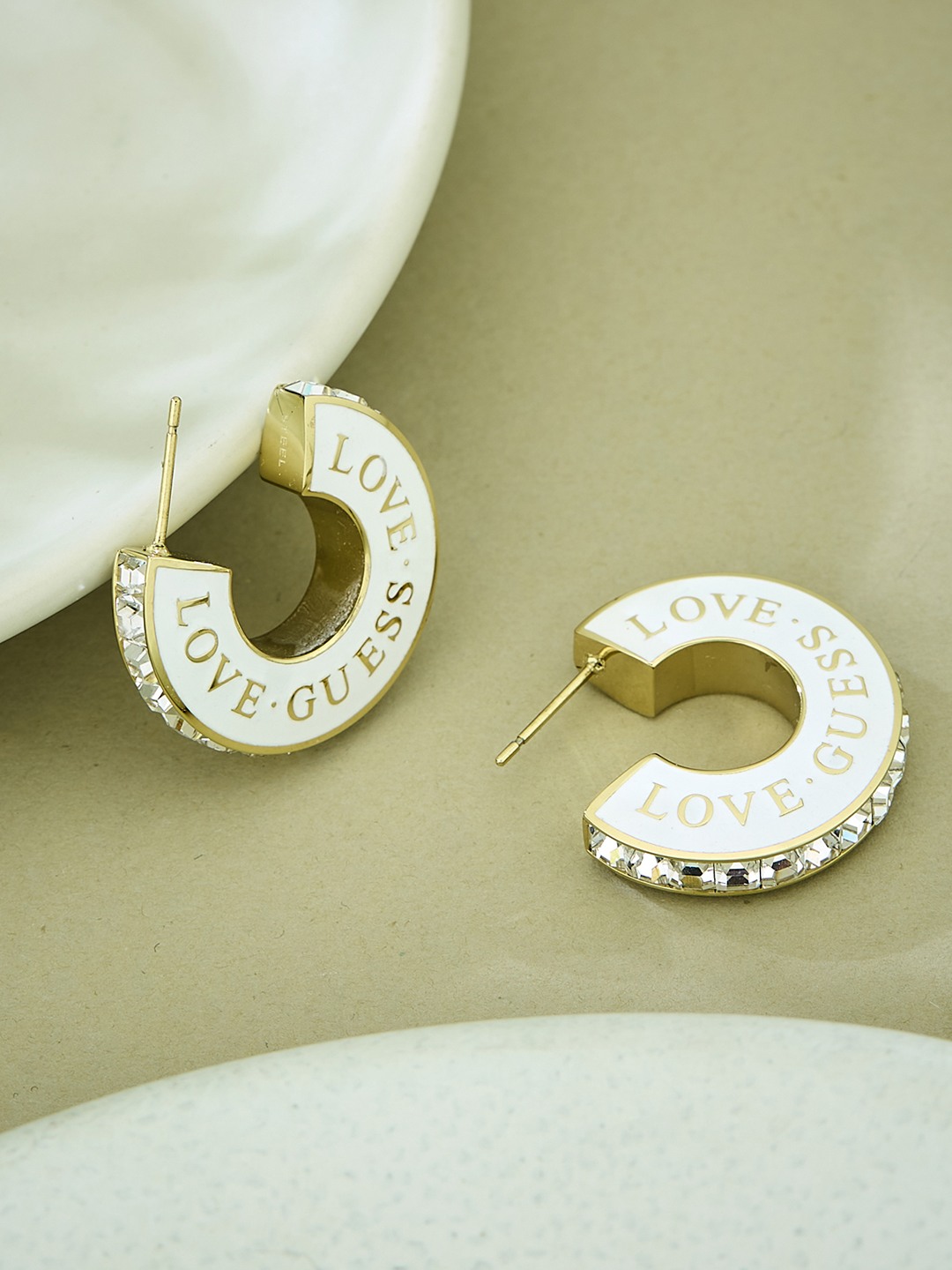 Guess Women Stainless Steel Crystal Love Hoops Earrings