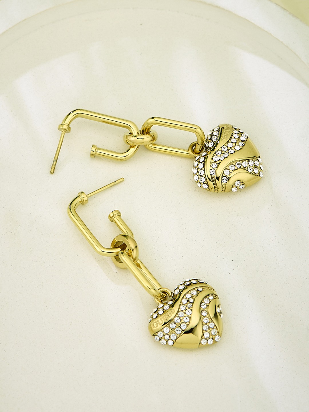 Guess Women Stainless Steel Crystal In My Heart Drops Danglers