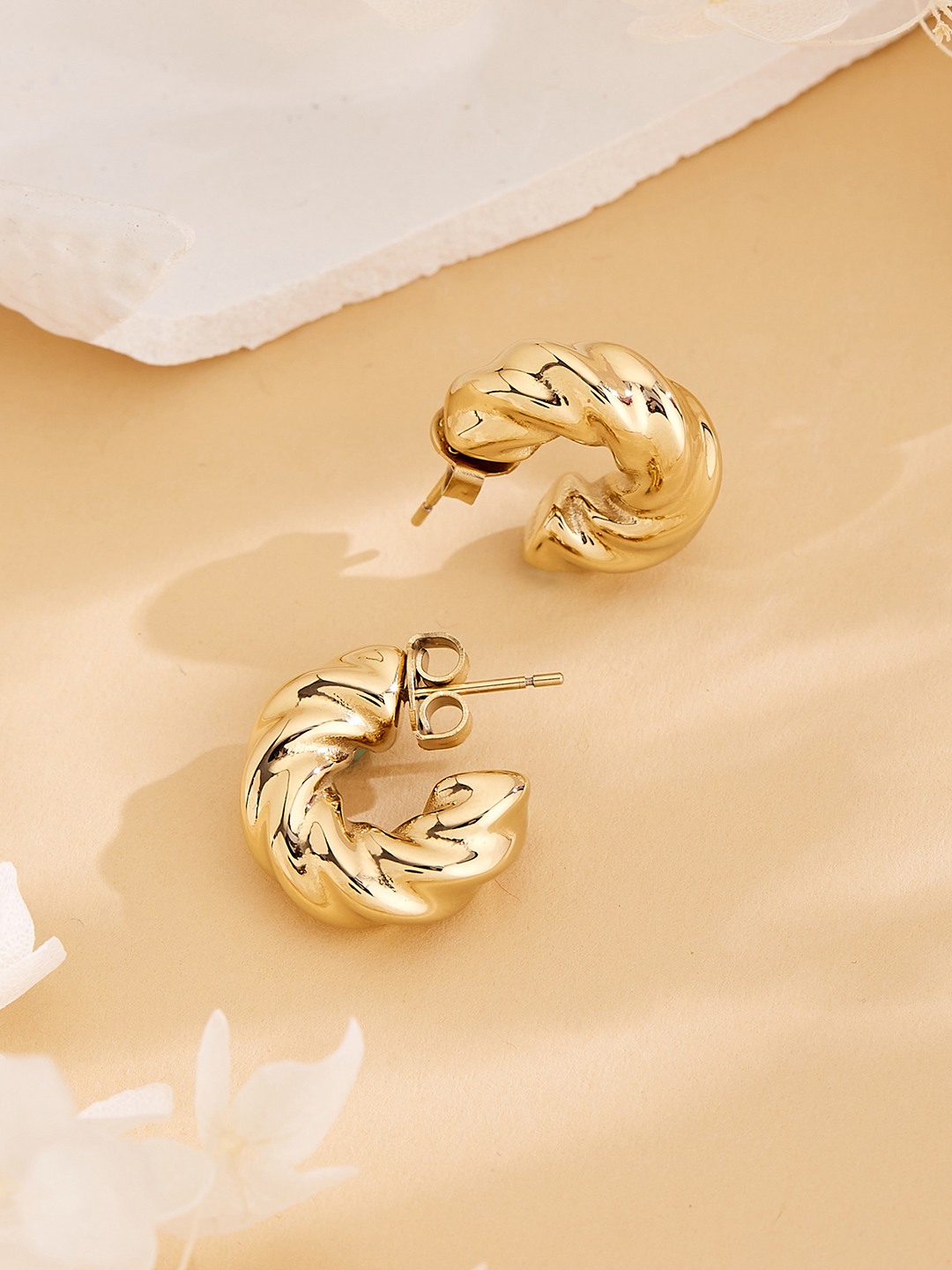 Guess Women Berbera Gold Pleated Steel Half Hoop Earrings