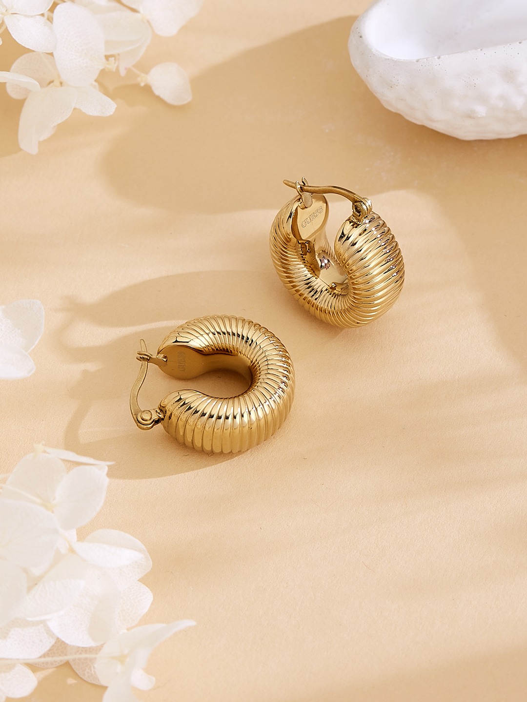 Guess Women Berbera Gold Pleated Steel Hoop Earrings