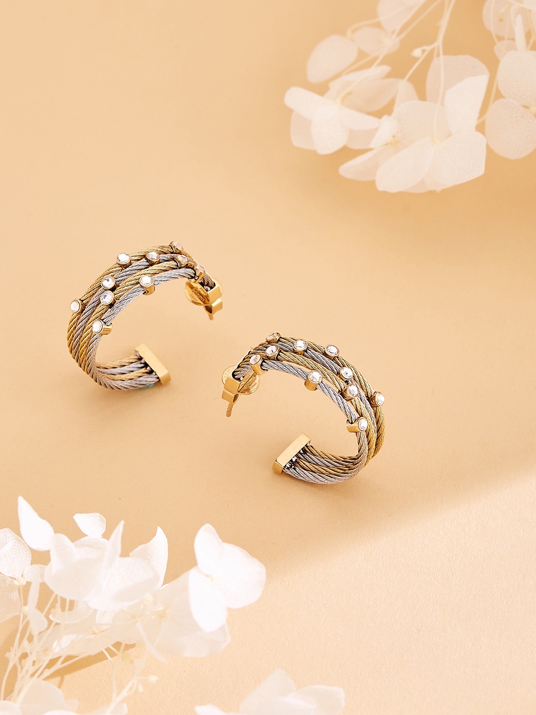 Guess Women Kalybe Silver & Gold Pleated Steel Half Hoop Earrings