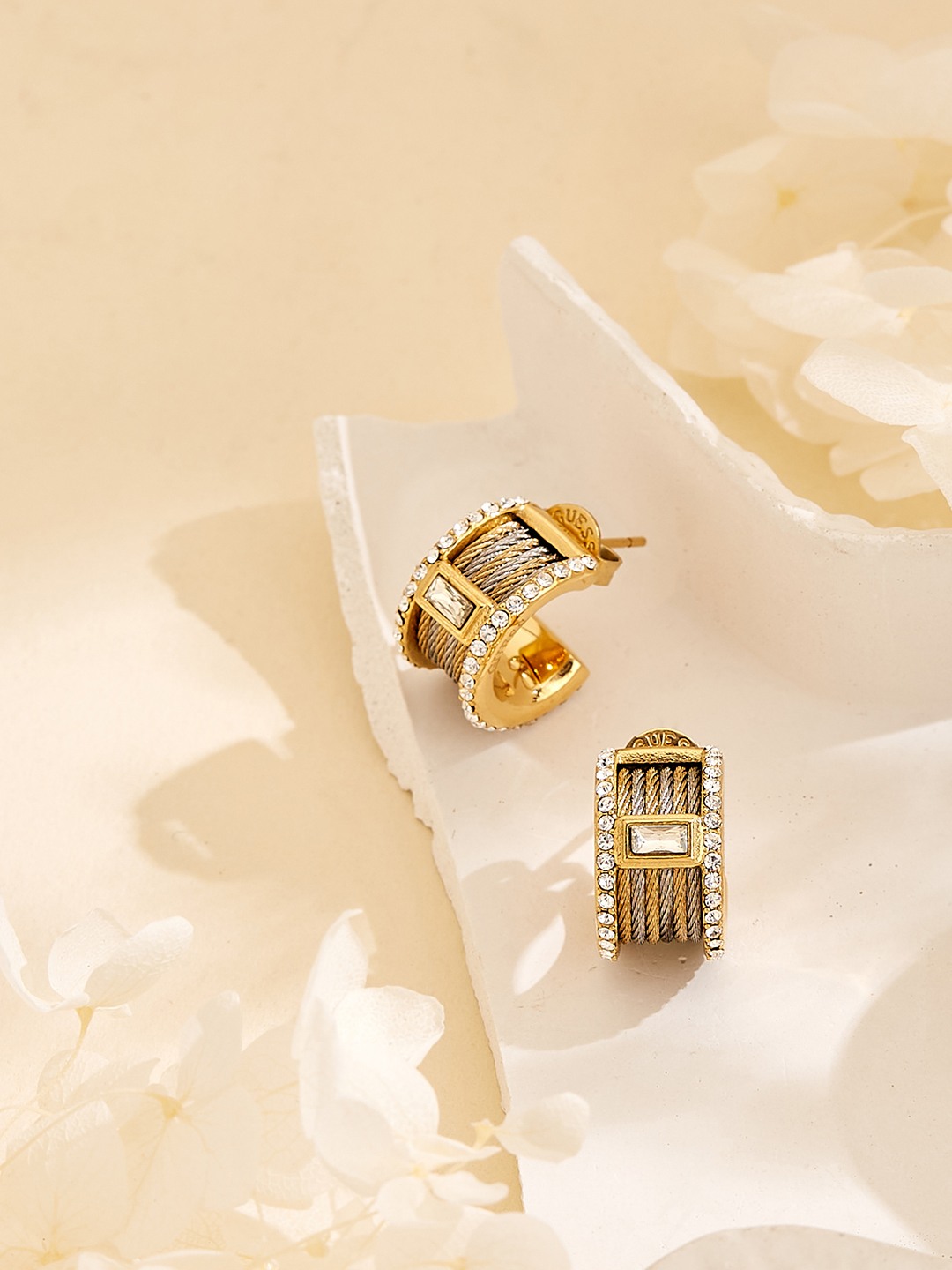 Guess Women Kalybe Silver & Gold Pleated Steel Hoop Earrings