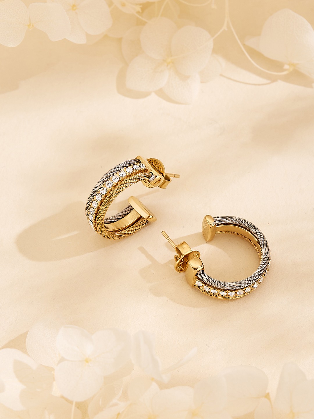 Guess Women Kalybe Silver & Gold Pleated Steel Half Hoop Earrings