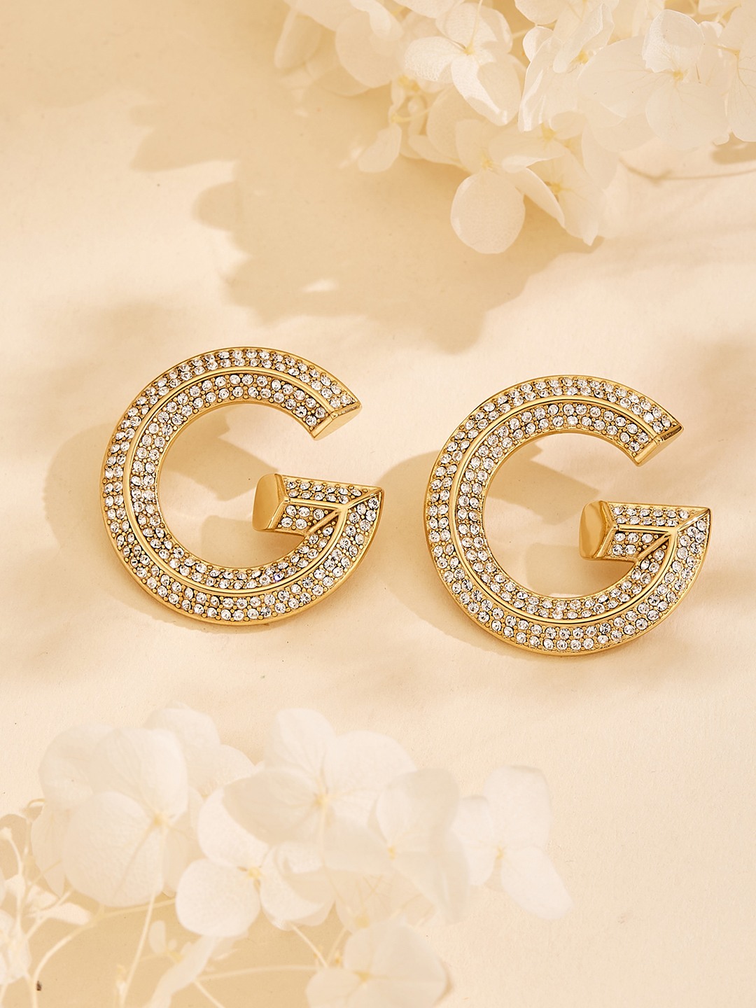 Guess Women G Crystal Gold Pleated Steel Studs Earrings