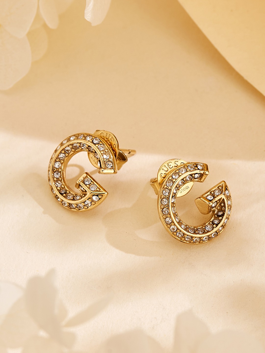 Guess Women G Crystal Gold Pleated Steel Studs Earrings