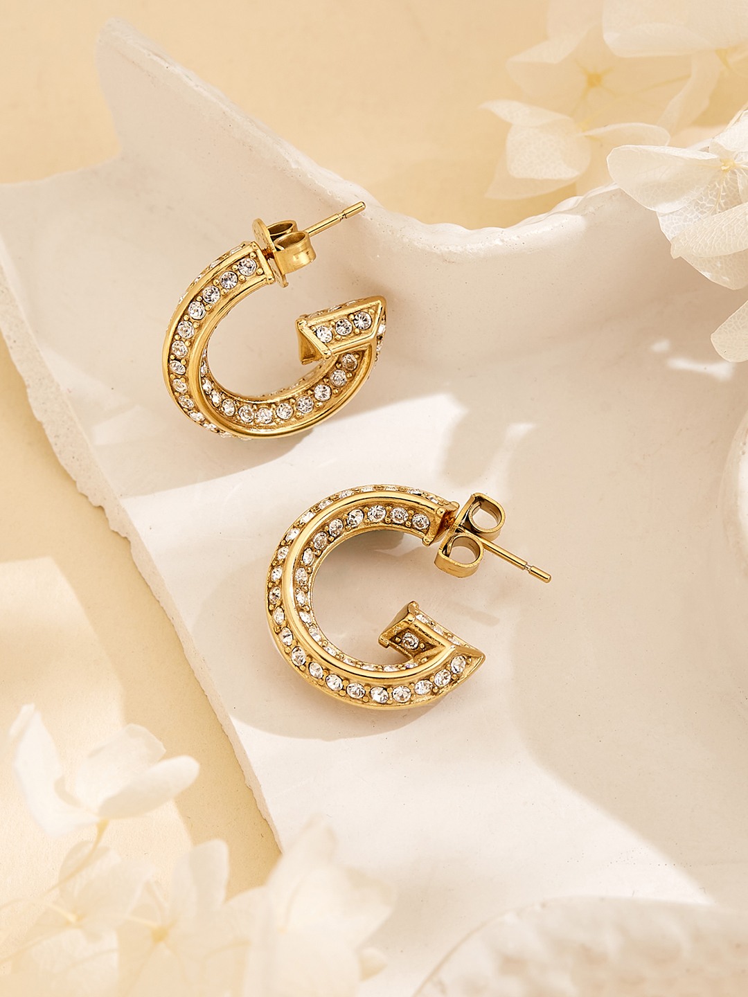 Guess Women G Crystal Gold Pleated Steel Half Hoop Earrings