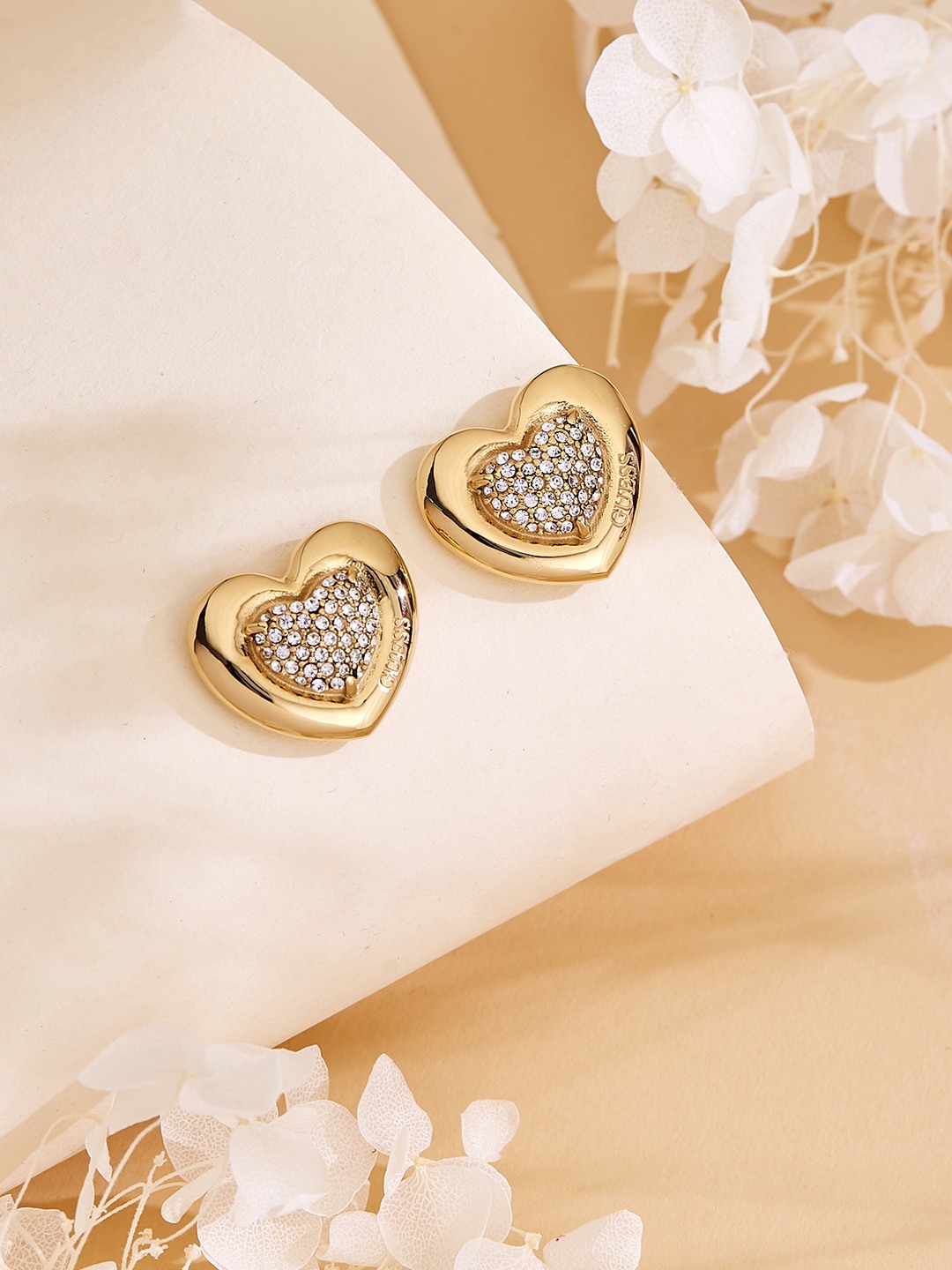 Guess Women L.O.V.E. Gold Pleated Steel Studs Earrings