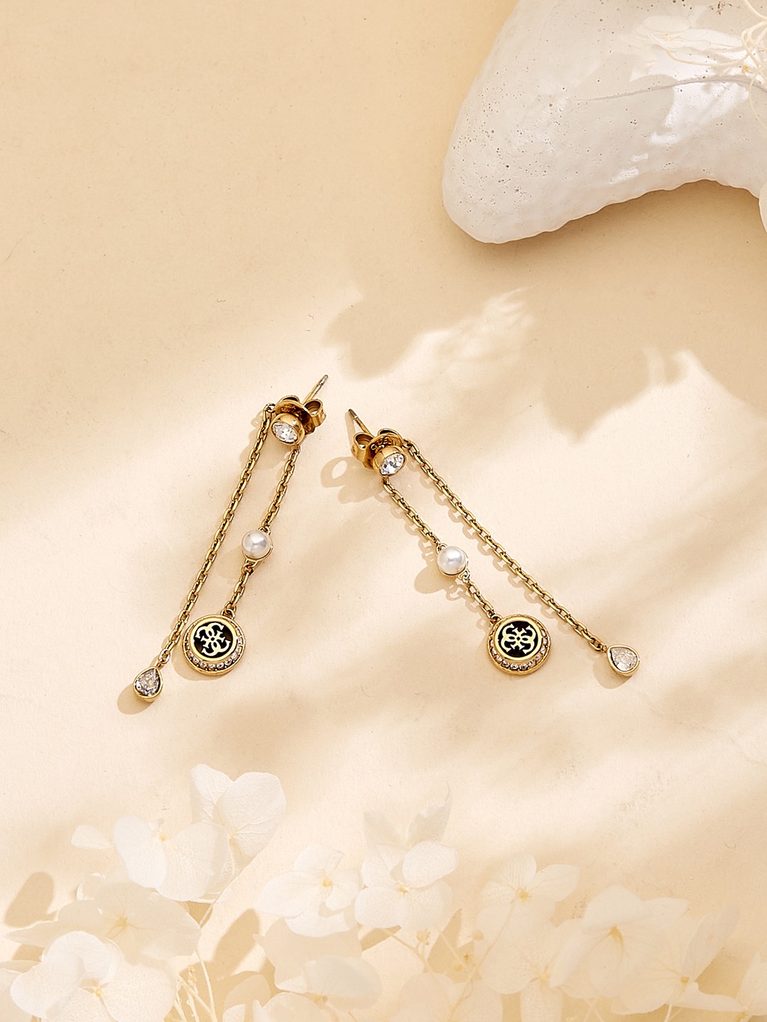 Guess Women Tiny Pearly Gold Pleated Steel Drop Earrings